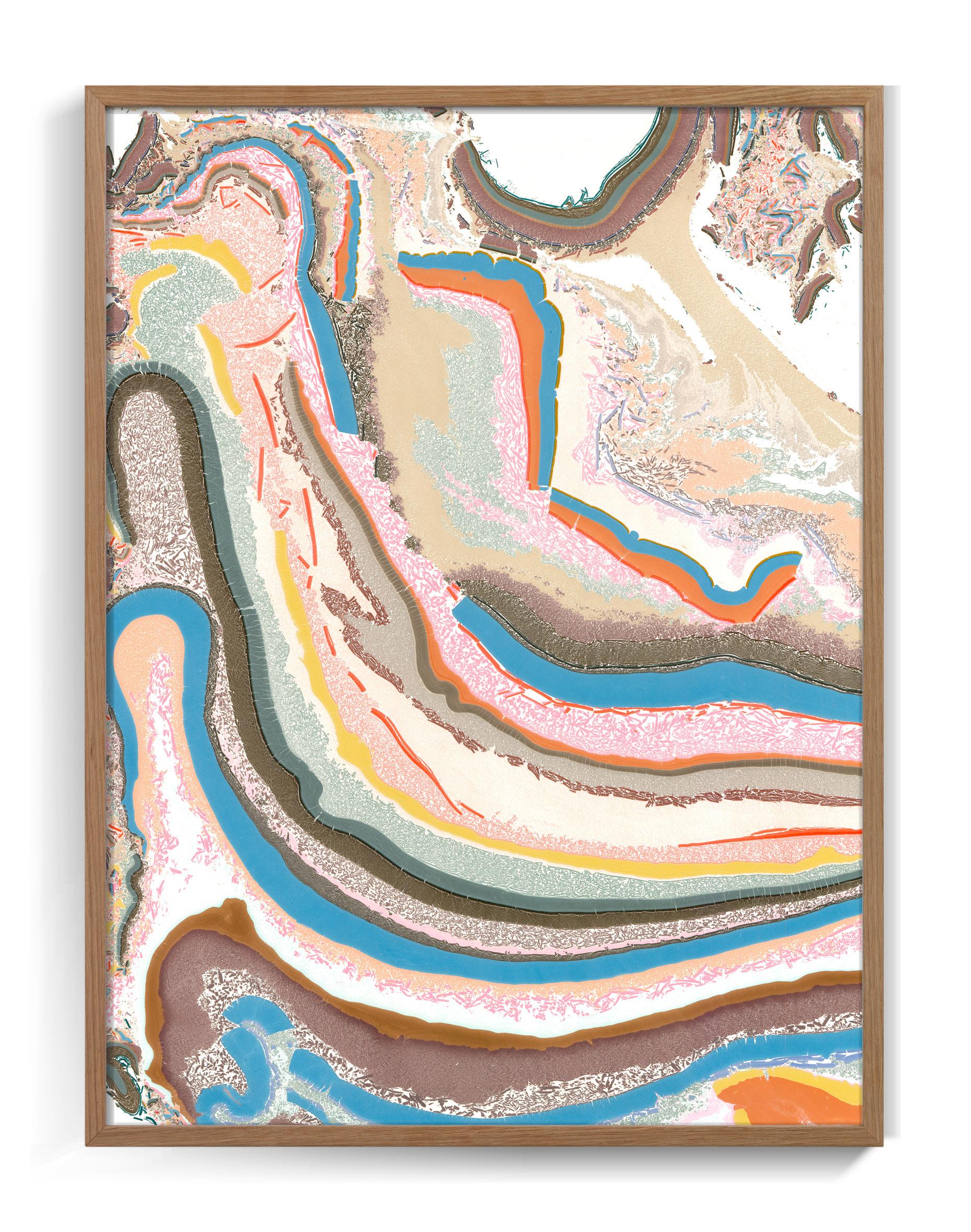 Danish artist Pernille Snedker’s unique marbling artwork—delicately weaving fragments of colored stripes into an intricate composition.
The piece harmoniously blends shades of blue with subtle hints of black, sand, lilac, light blue, salmon, and