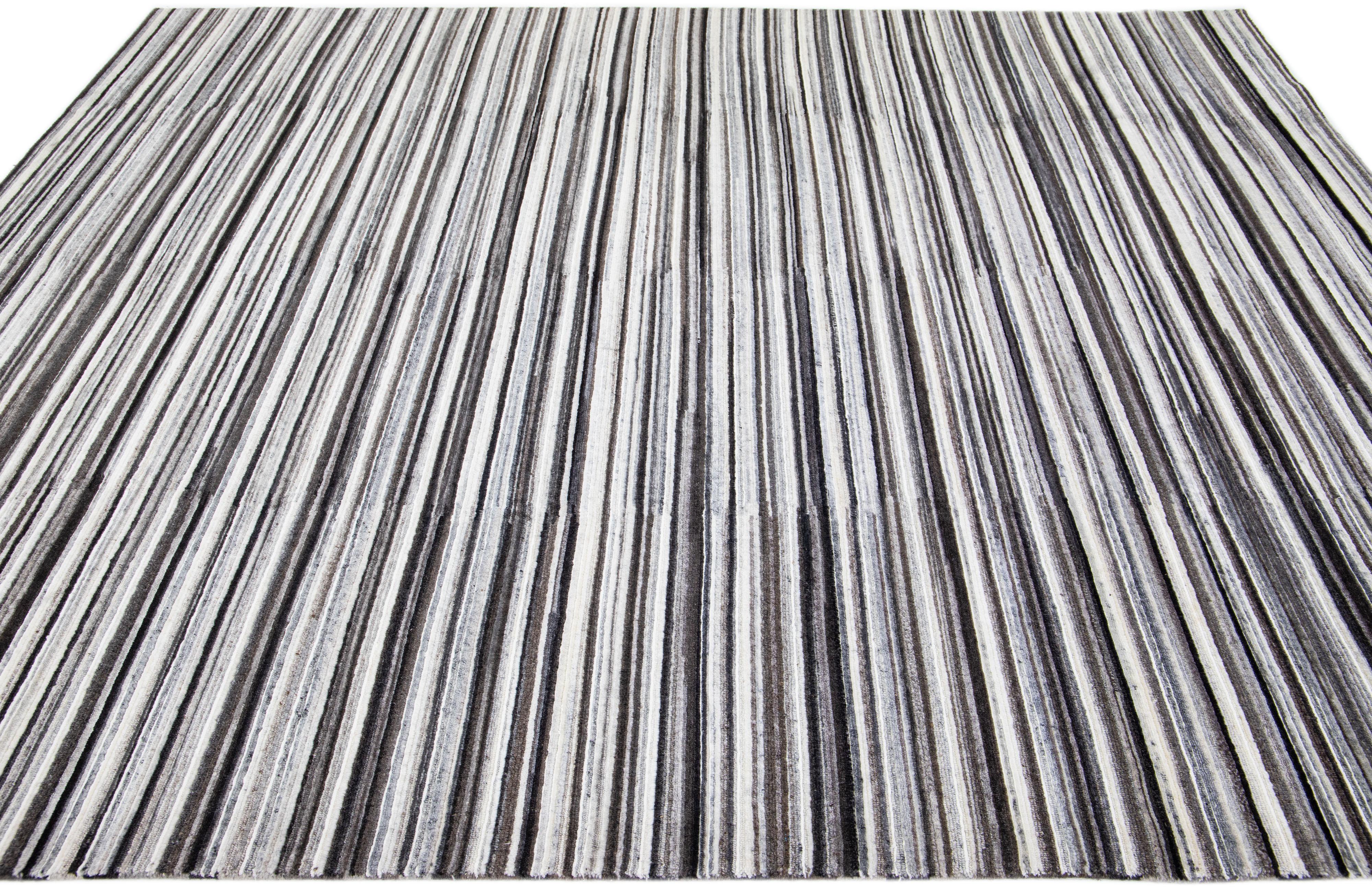 Hand-Crafted Stripe Modern Apadana's Groove Handmade Bamboo/Silk Rug in Earthy Tones For Sale