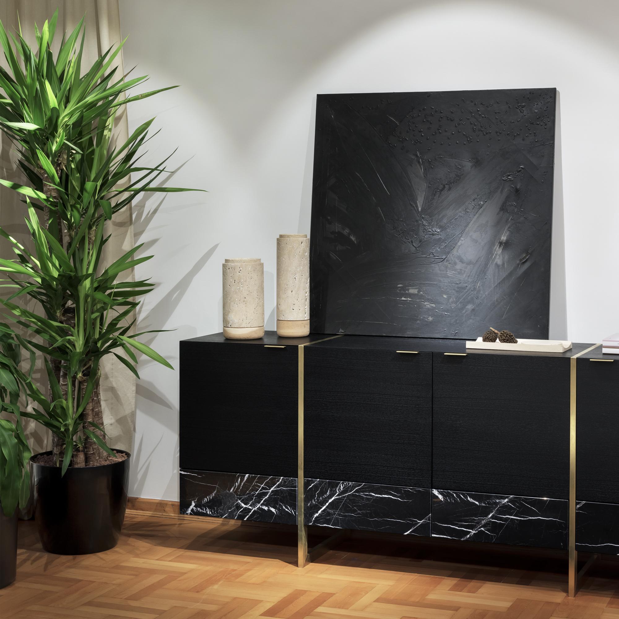 Hand-Crafted Stripe, Marble, Wood, Brass, Sideboard, Cabinet, Modern, 21 Century, Bespoke For Sale