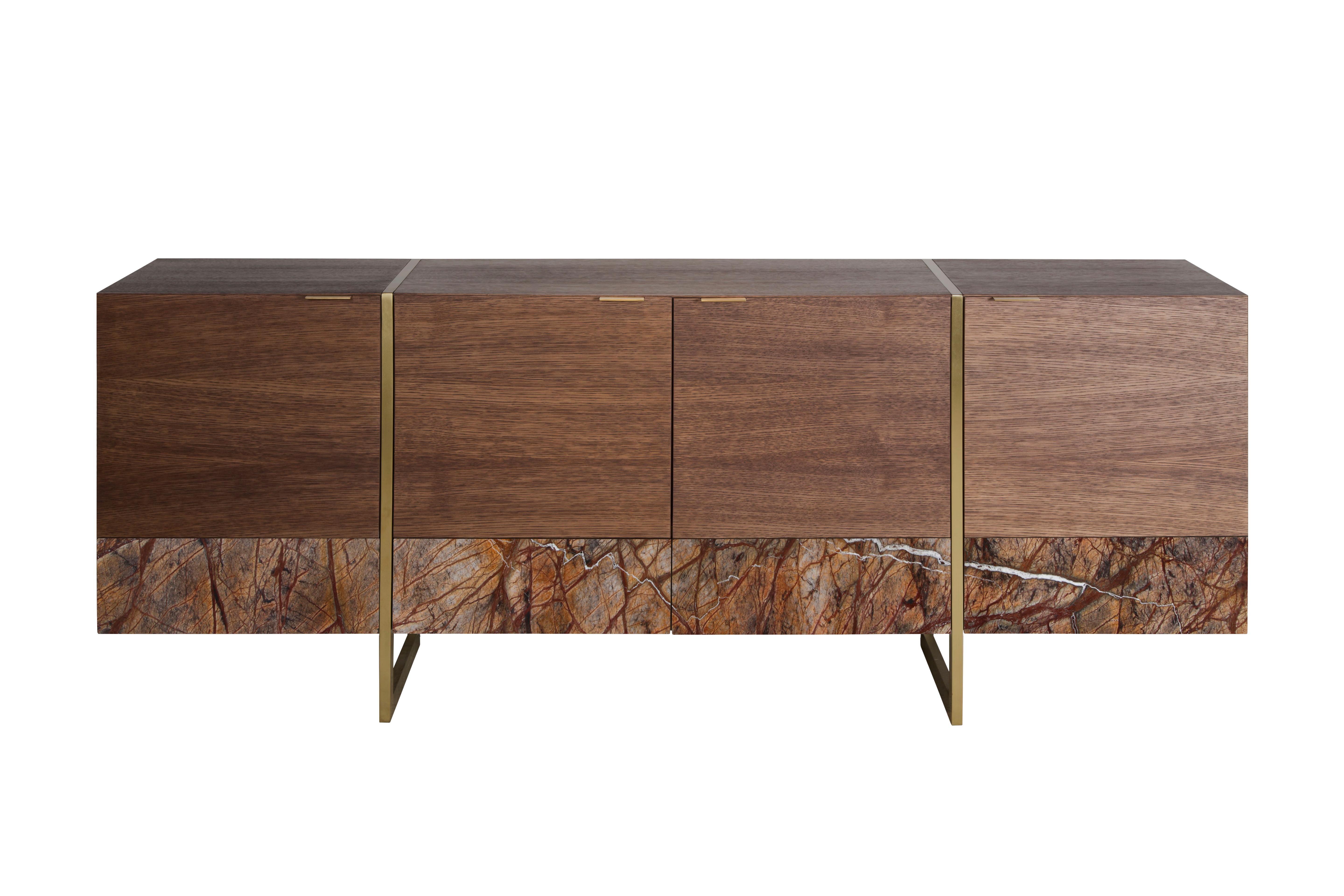 Stripe sideboard for Marbleous by Buket Hos¸can Bazman
2019
Dimensions: W 200, D 45, H 85 cm
Available in different sizes
Material: lacquered oak wood, brass, marble

Buket Hoscan Bazman was born in Izmir, Turkey, in 1989. Graduated at the