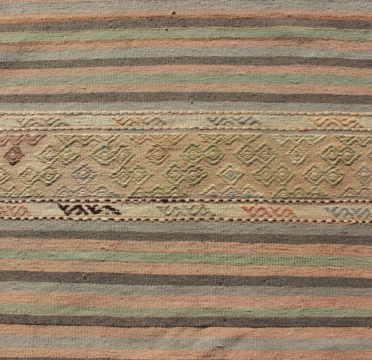 Wool Stripe Vintage Turkish Kilim Flat-Weave Geometric Designed Runner For Sale