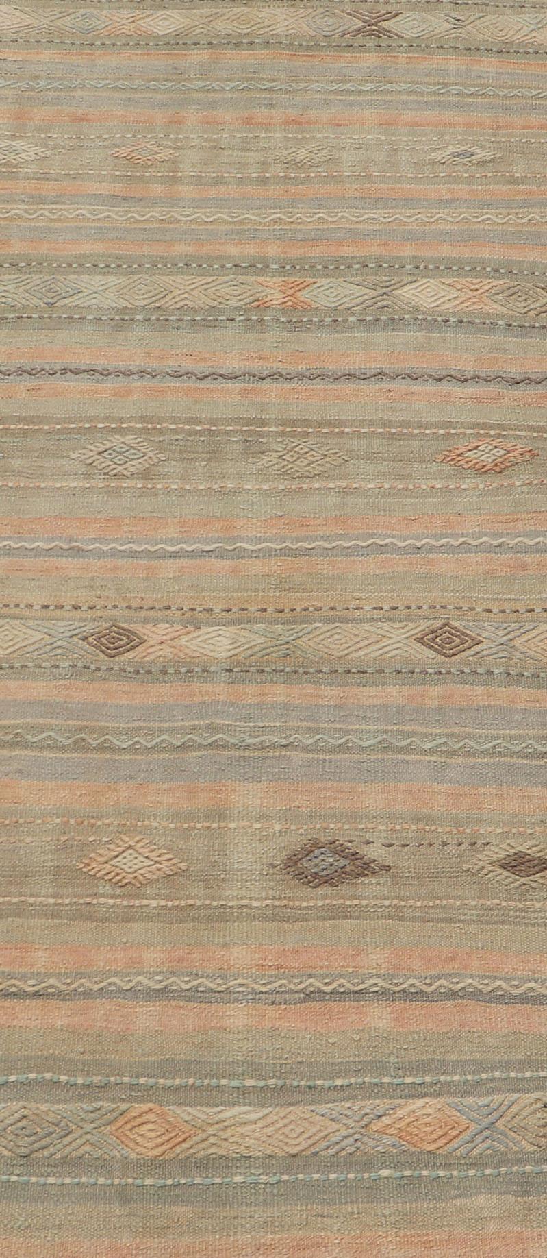 Measures: 2'9 x 7'11 
Stripe vintage Turkish Kilim flat-weave runner with Geometric Tribal Design. Keivan Woven Arts / rug TU-NED-5032, country of origin / type: Turkey / Kilim, circa 1960
This Kilim runner from Turkey features a striped design of