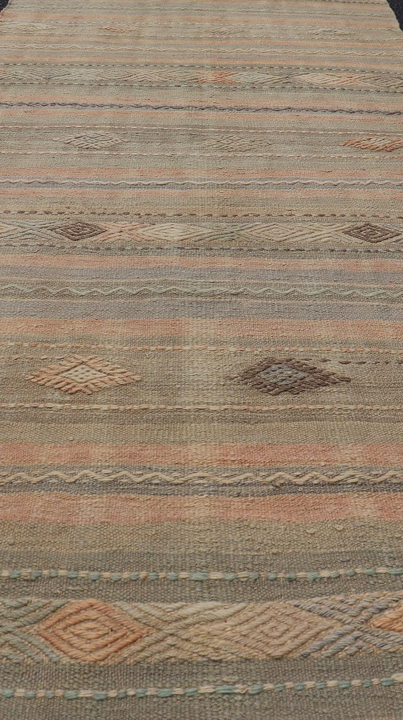 Hand-Woven Stripe Vintage Turkish Kilim Flat-Weave Runner with Geometric Tribal Design For Sale
