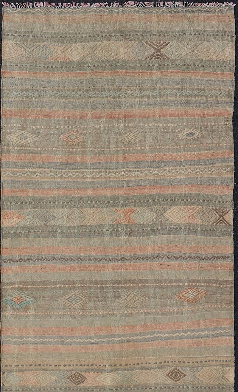 Wool Stripe Vintage Turkish Kilim Flat-Weave Runner with Geometric Tribal Design For Sale