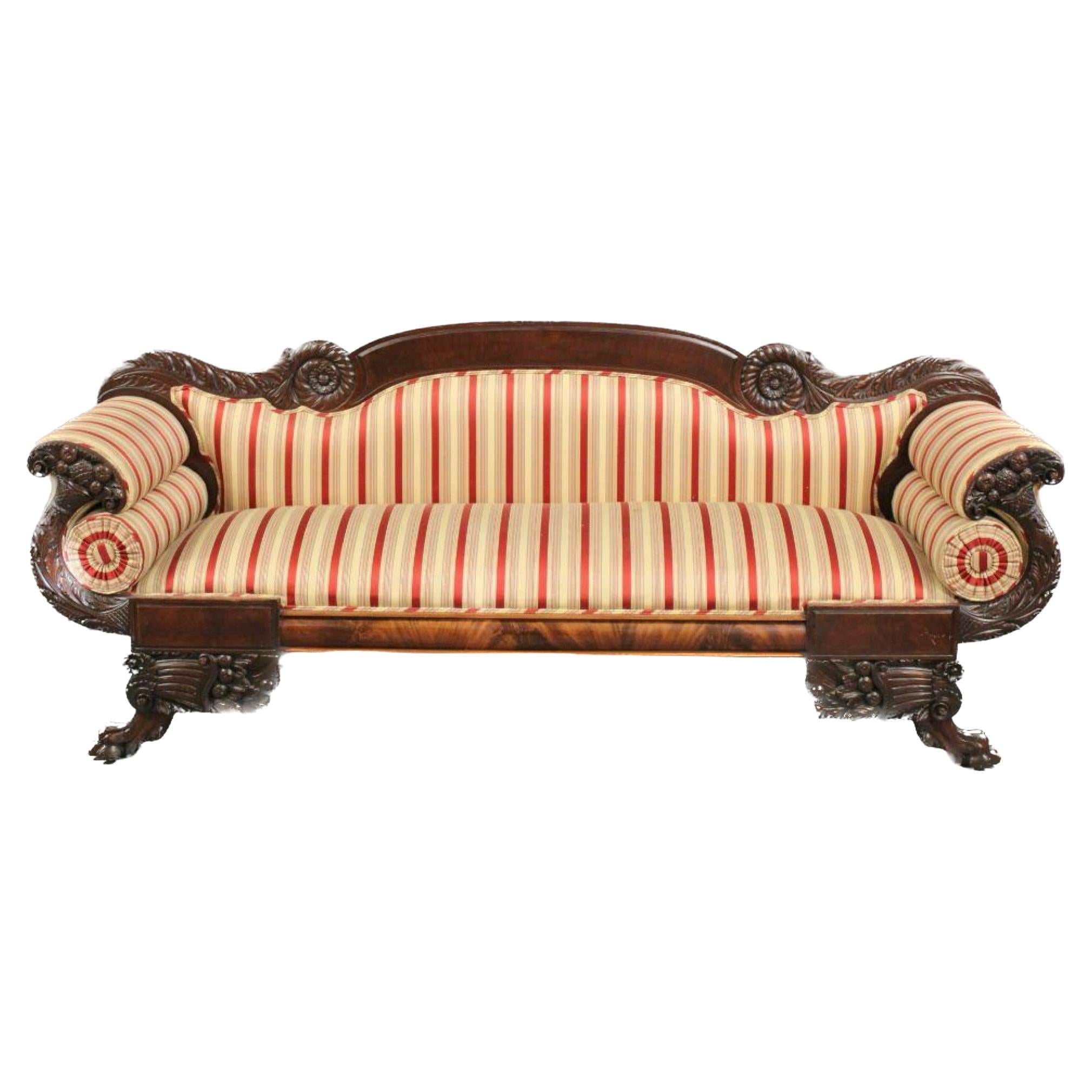 Antique American Empire Carved Flame Mahogany Quervelle School Sofa