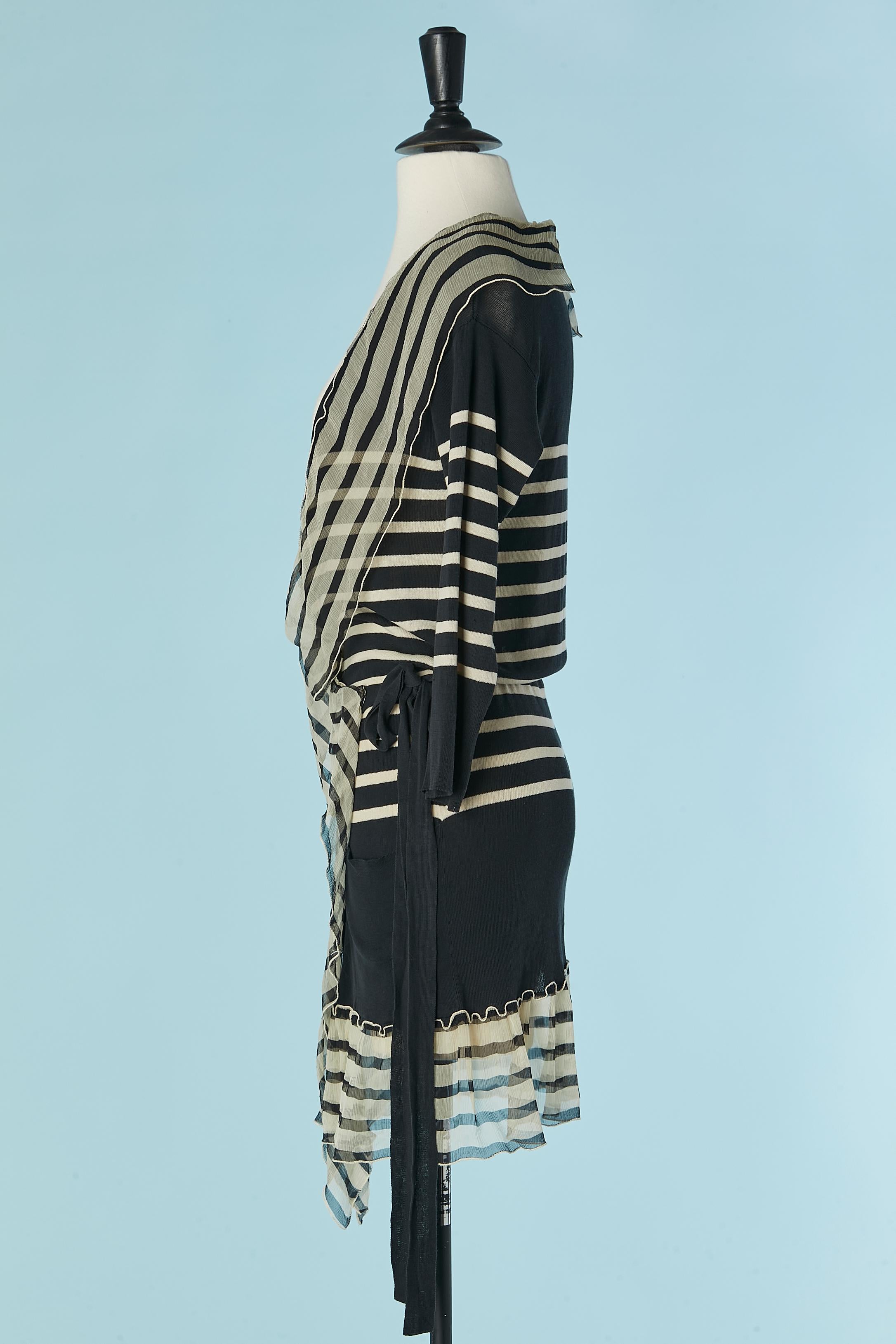 Striped and wrapped dress with silk chiffon ruffle edge JP Gaultier Maille For Sale 1
