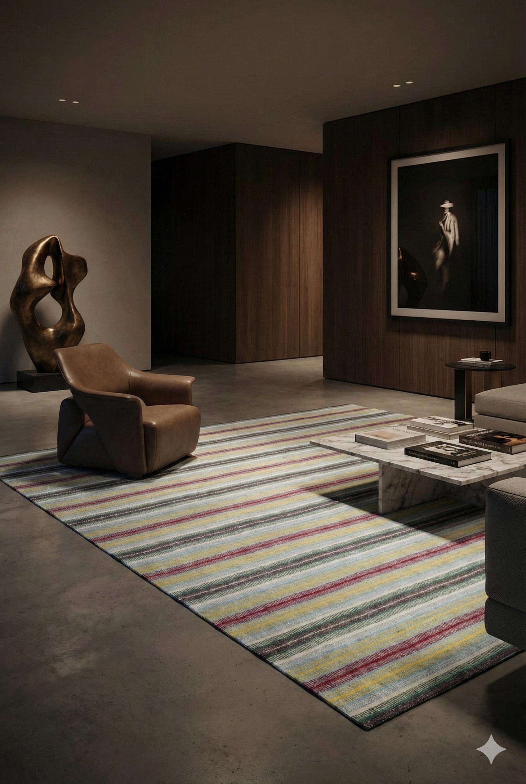 Strisce moderne e vivaci

Questo elegante tappeto a trama piatta introduce un senso di freschezza in qualsiasi interno, grazie alla sua morbida tavolozza multicolore pastello. Le delicate sfumature del Blue Glass, del giallo burro, del verde mare,