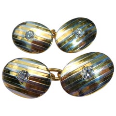 Striped Art Deco 18 Karat Yellow Gold Platinum Two-Color Diamond Cufflinks