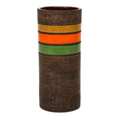 Striped Bitossi Style Ceramic Vase, Brown, Yellow, Orange, Green, Italy 1960s
