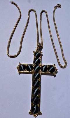 Striped Black White Onyx 18 Karat Yellow Gold Cross Pendant on Gold Snake Chain
