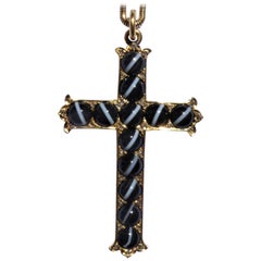Striped Black White Onyx 18 Karat Yellow Gold Cross Pendant on Gold Snake Chain