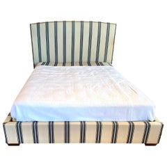 Striped Blue and Cream King Bed Upholstered with Nailheads