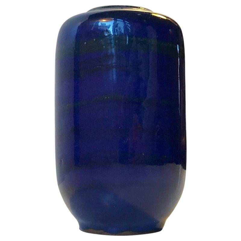 Vase en céramique bleue rayée de Gerhard Meisel pour Stahnsdorf, 1970