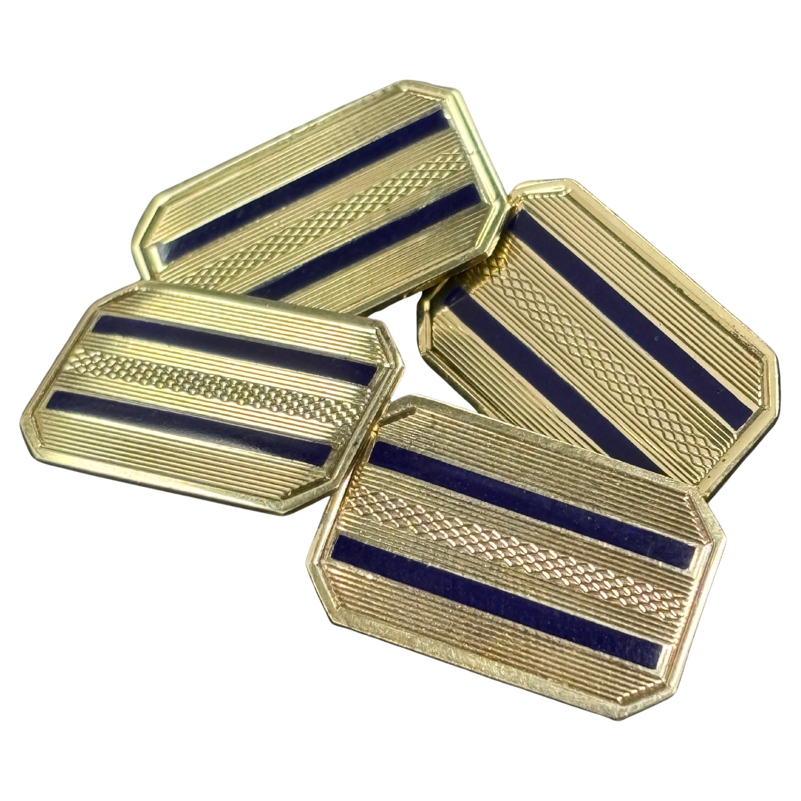 Gemelos rectangulares de oro amarillo de 14 quilates con esmalte azul a rayas en venta