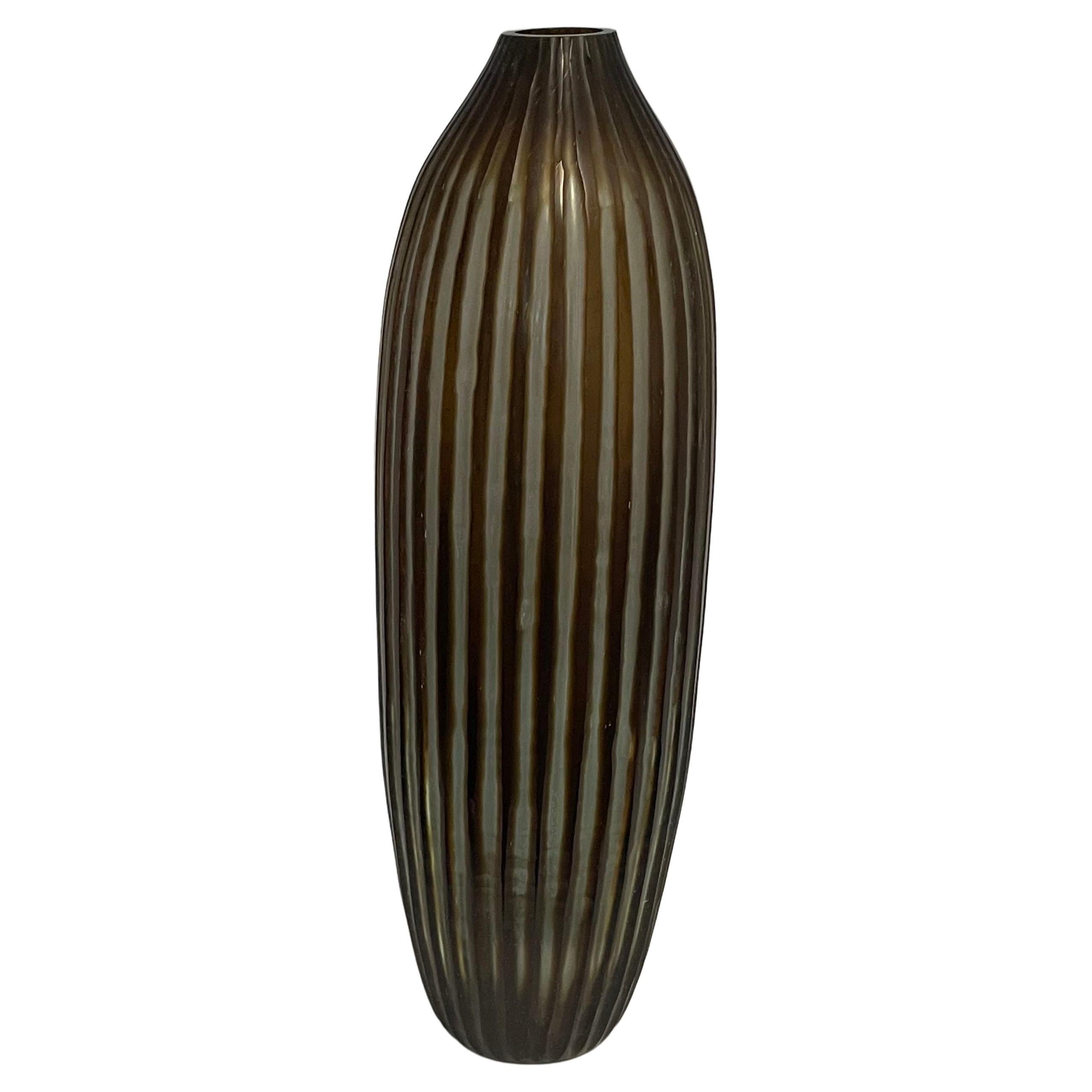 Striped Brown Tall Vertical Glass Vase, Romania, Contemporary For Sale