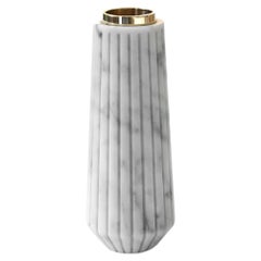 Handmade Striped Candle Holder in White Carrara Marble and Brass