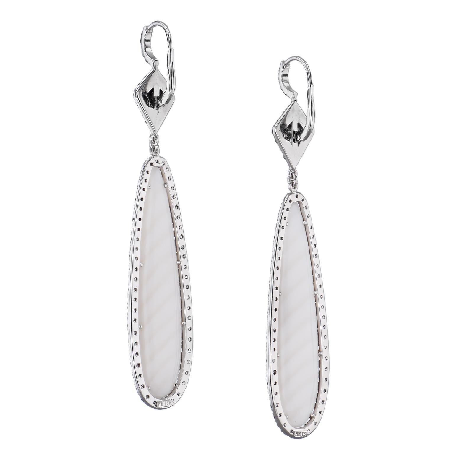 Modern Striped Chalcedony Drop Earrings with Natural Black Diamonds