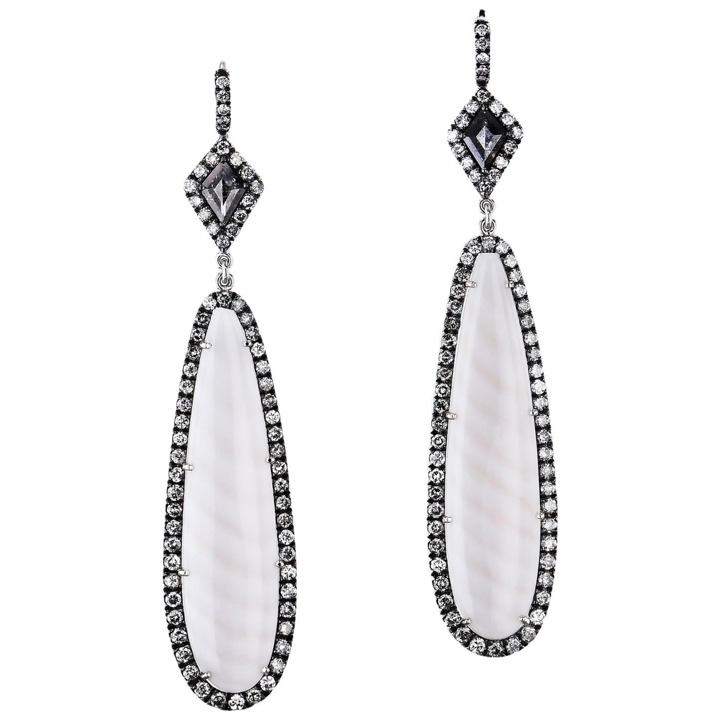 Striped Chalcedony Drop Earrings with Natural Black Diamonds