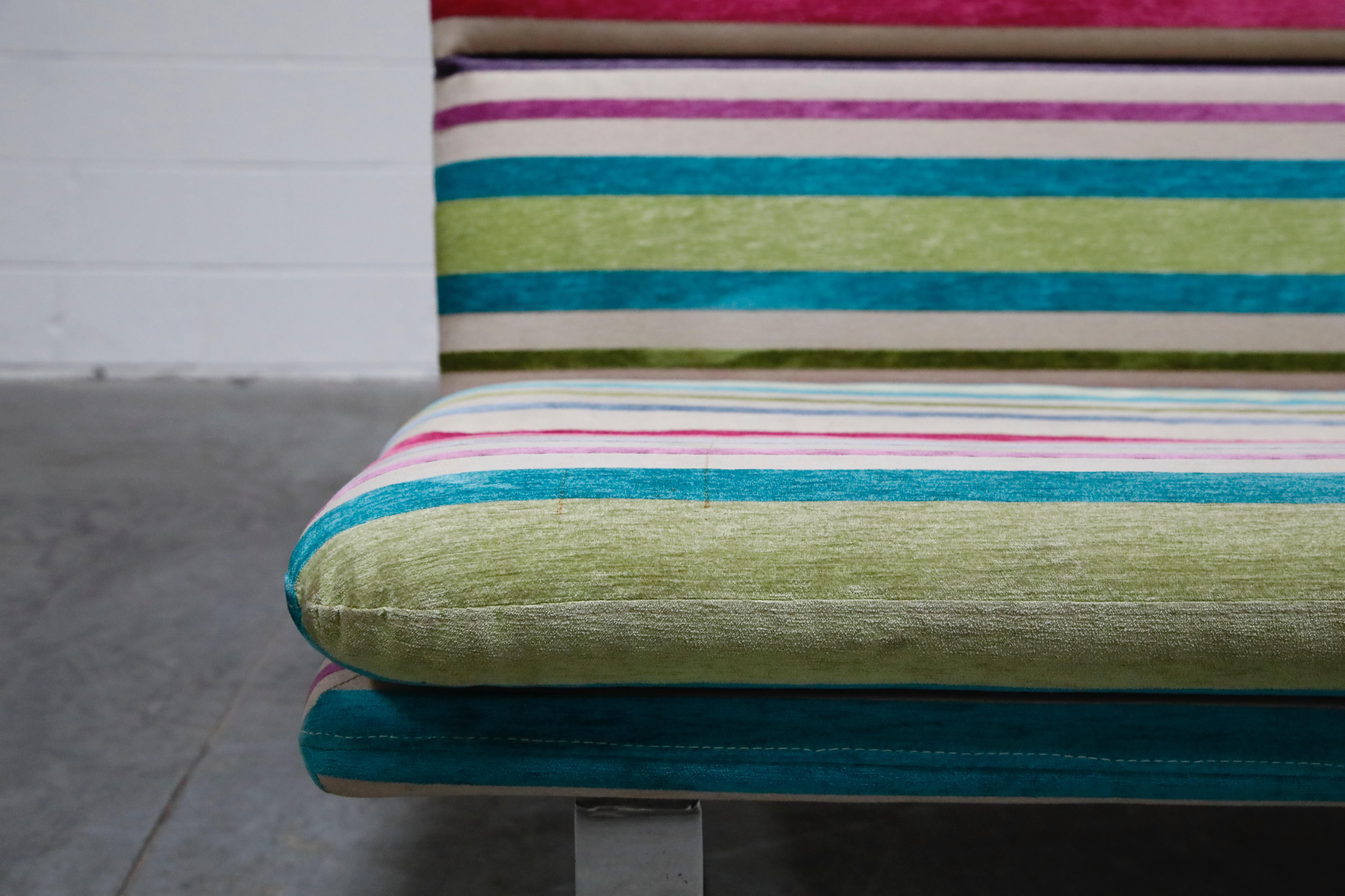 Vintage Striped Chenille and Chrome Loveseat Sofa's, c. 1990s, Three Available 3