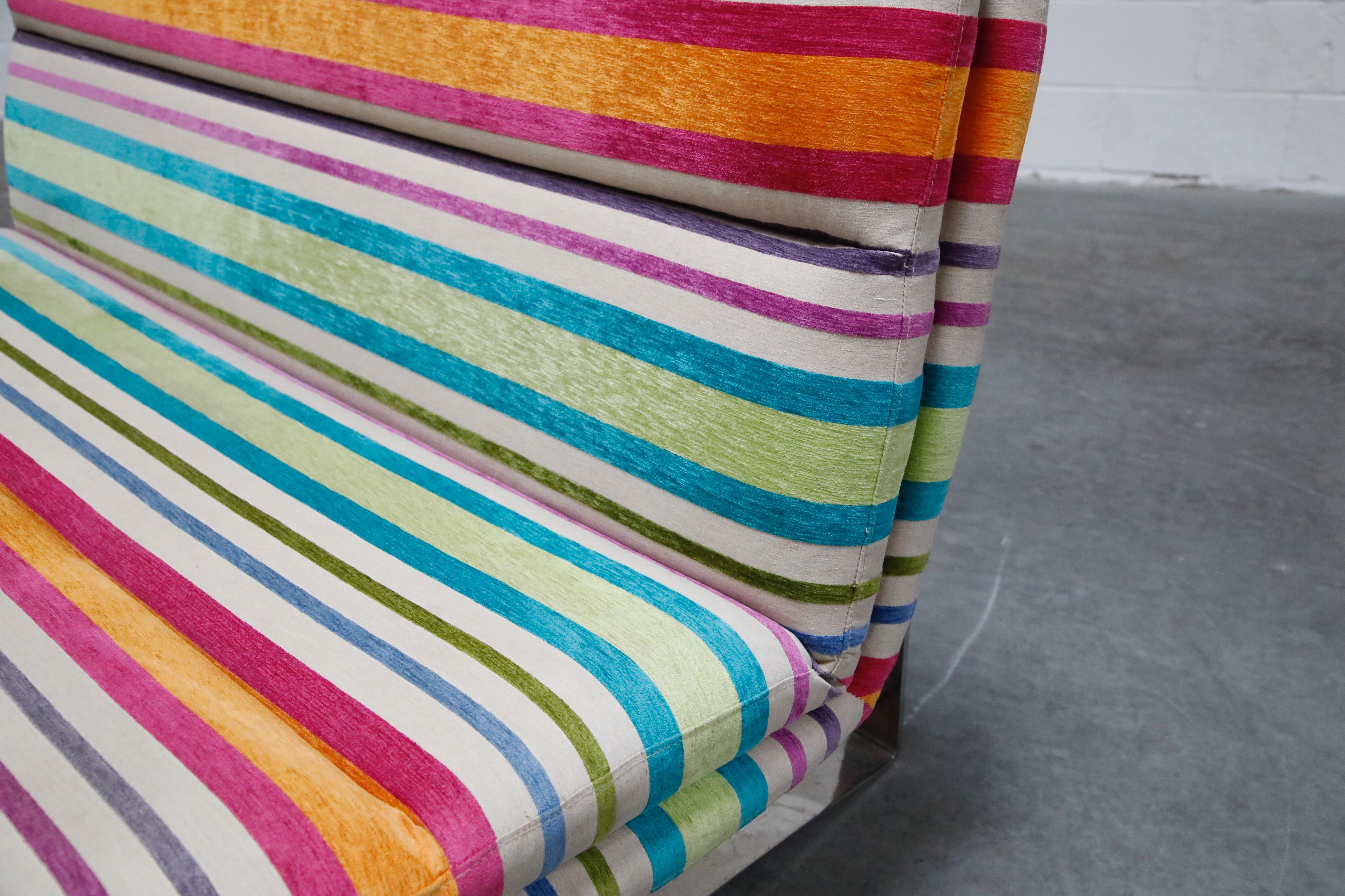 Vintage Striped Chenille and Chrome Loveseat Sofa's, c. 1990s, Three Available 5