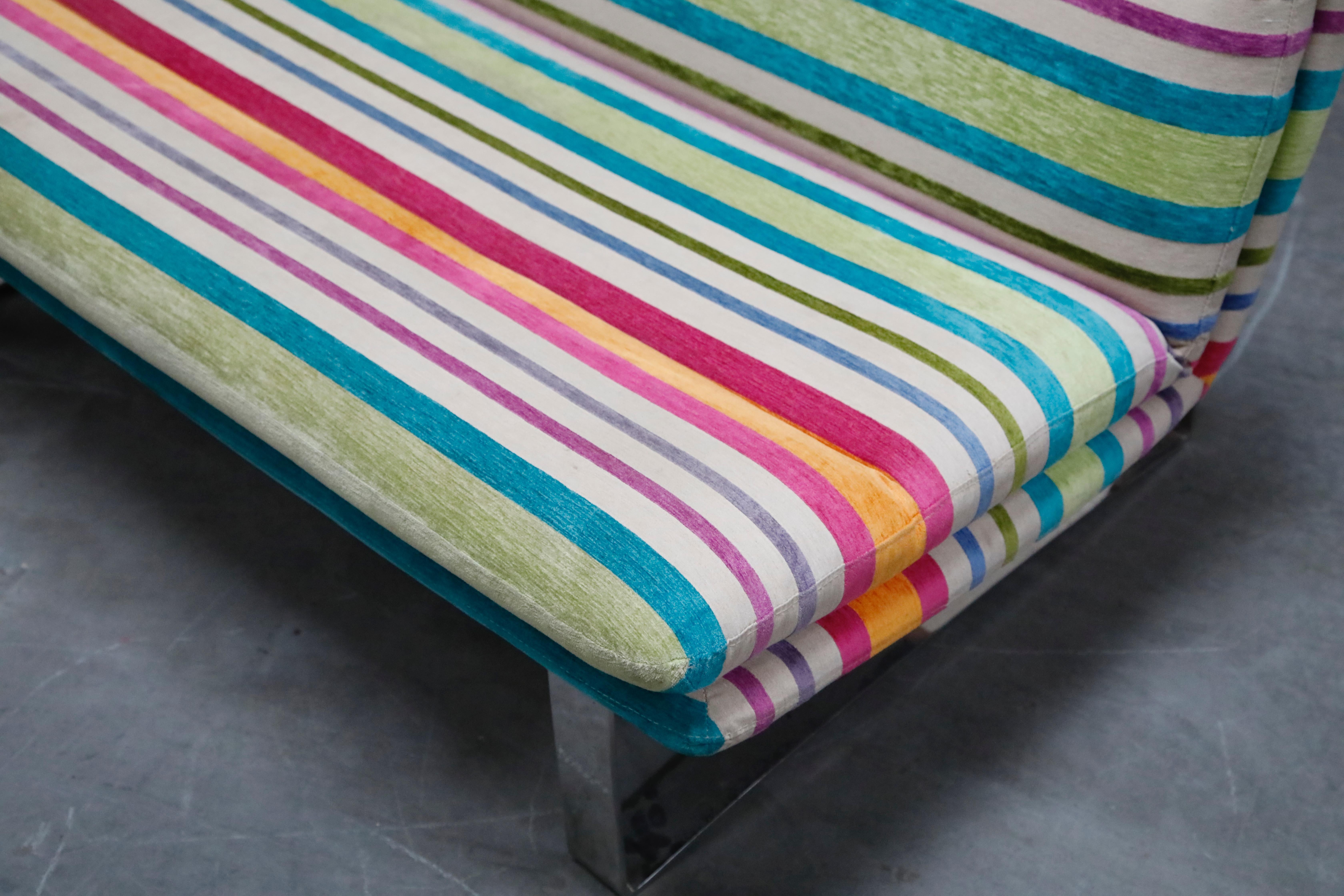 Vintage Striped Chenille and Chrome Loveseat Sofa's, c. 1990s, Three Available 6