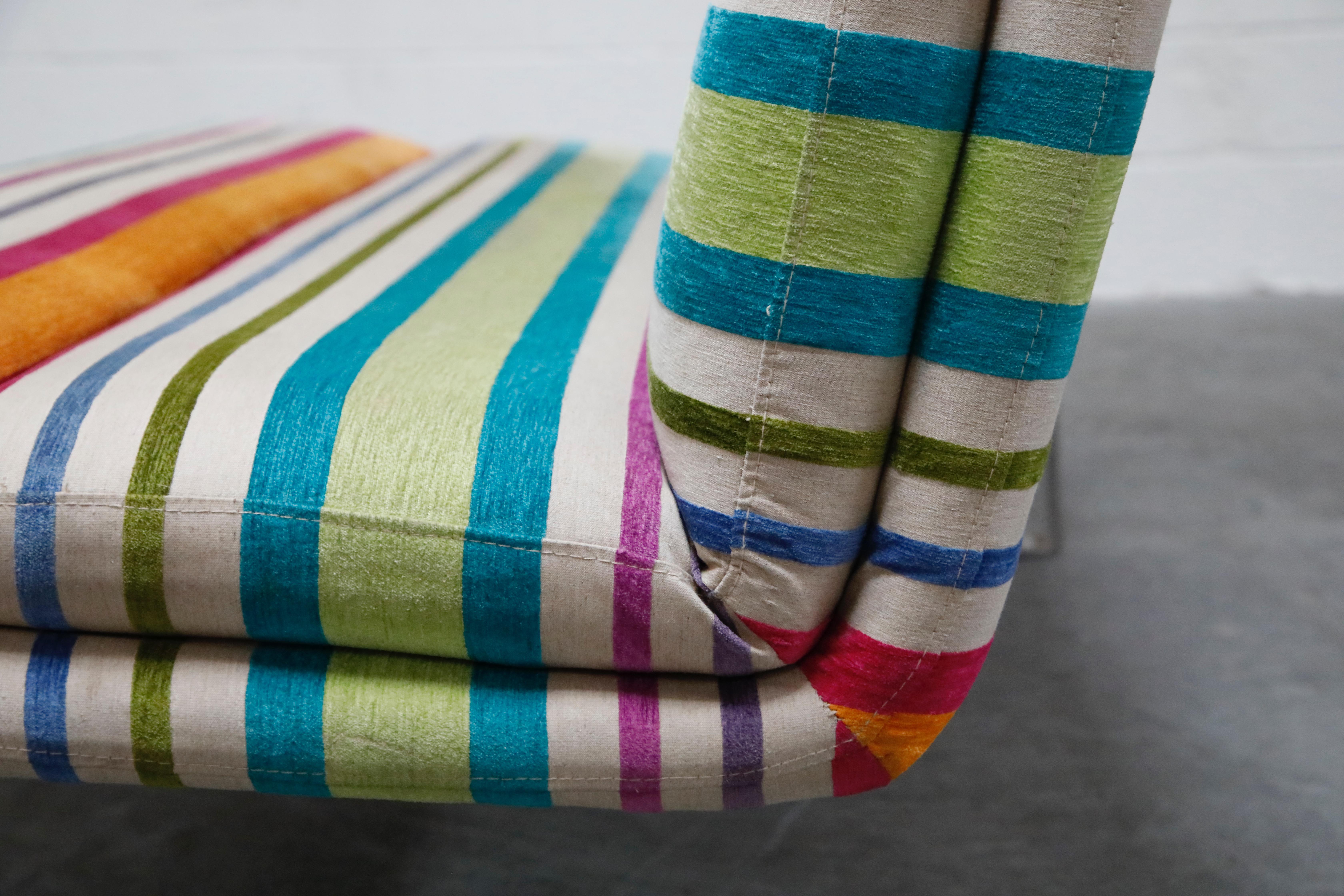 Vintage Striped Chenille and Chrome Loveseat Sofa's, c. 1990s, Three Available 8