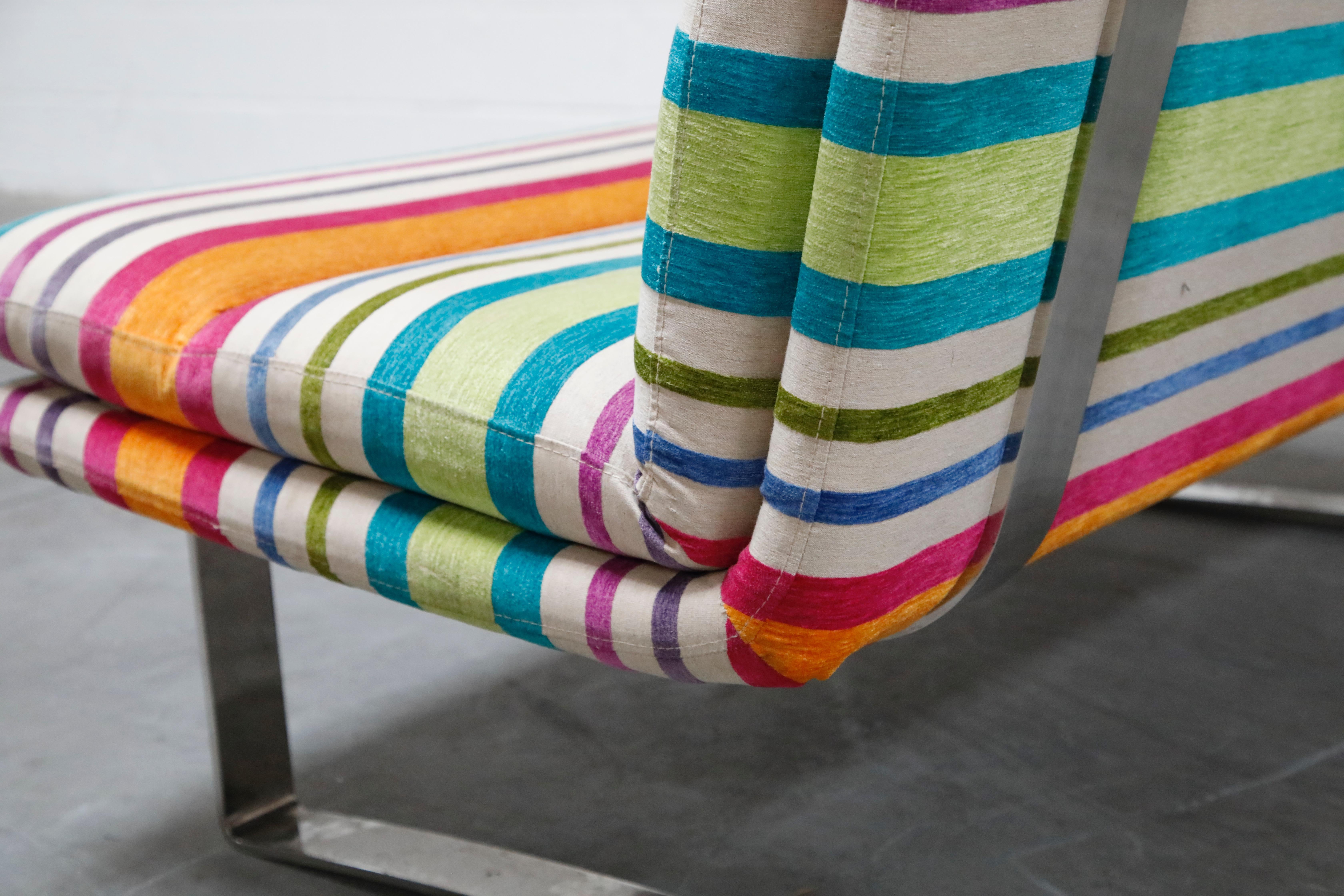 Vintage Striped Chenille and Chrome Loveseat Sofa's, c. 1990s, Three Available 10