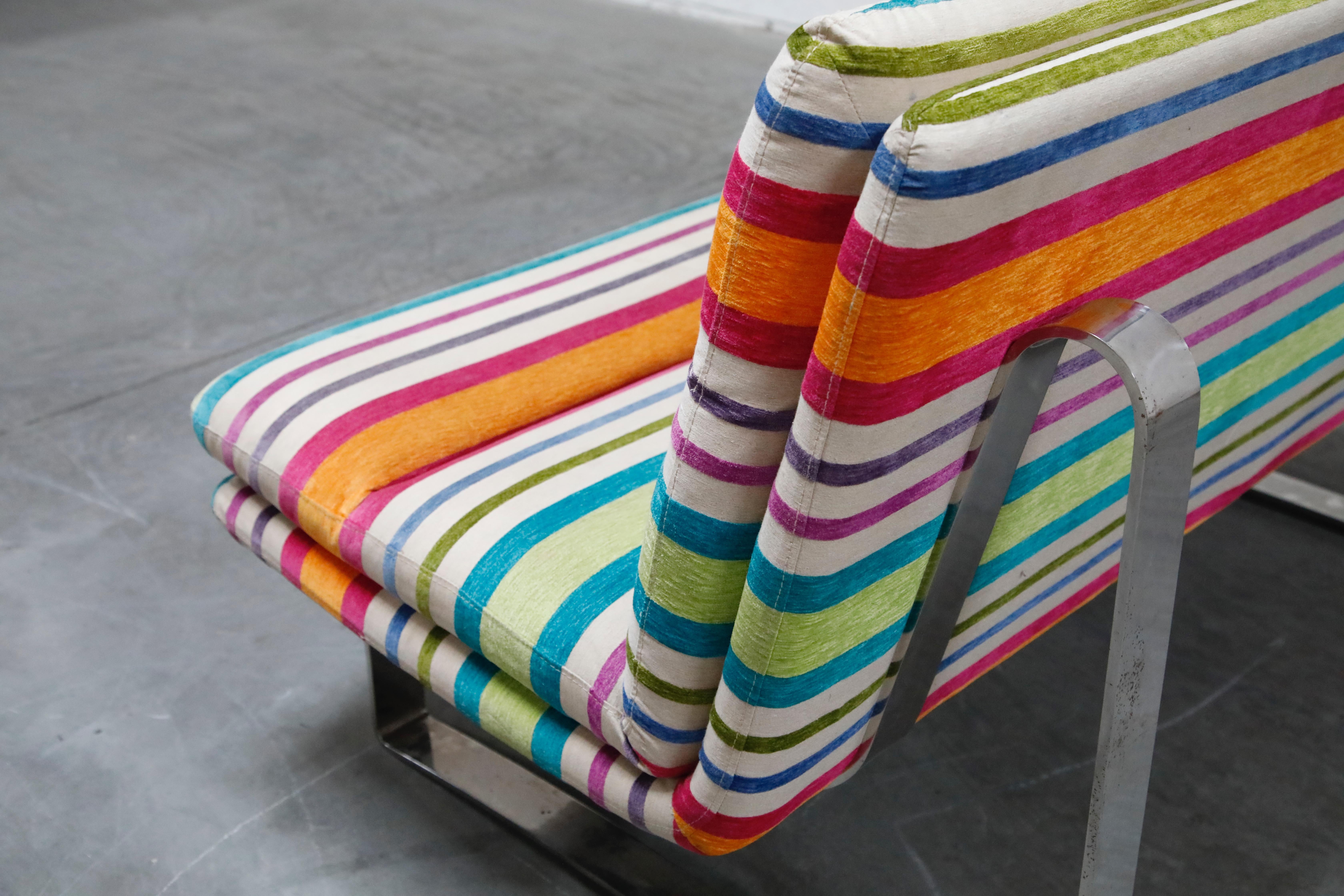 Vintage Striped Chenille and Chrome Loveseat Sofa's, c. 1990s, Three Available 11