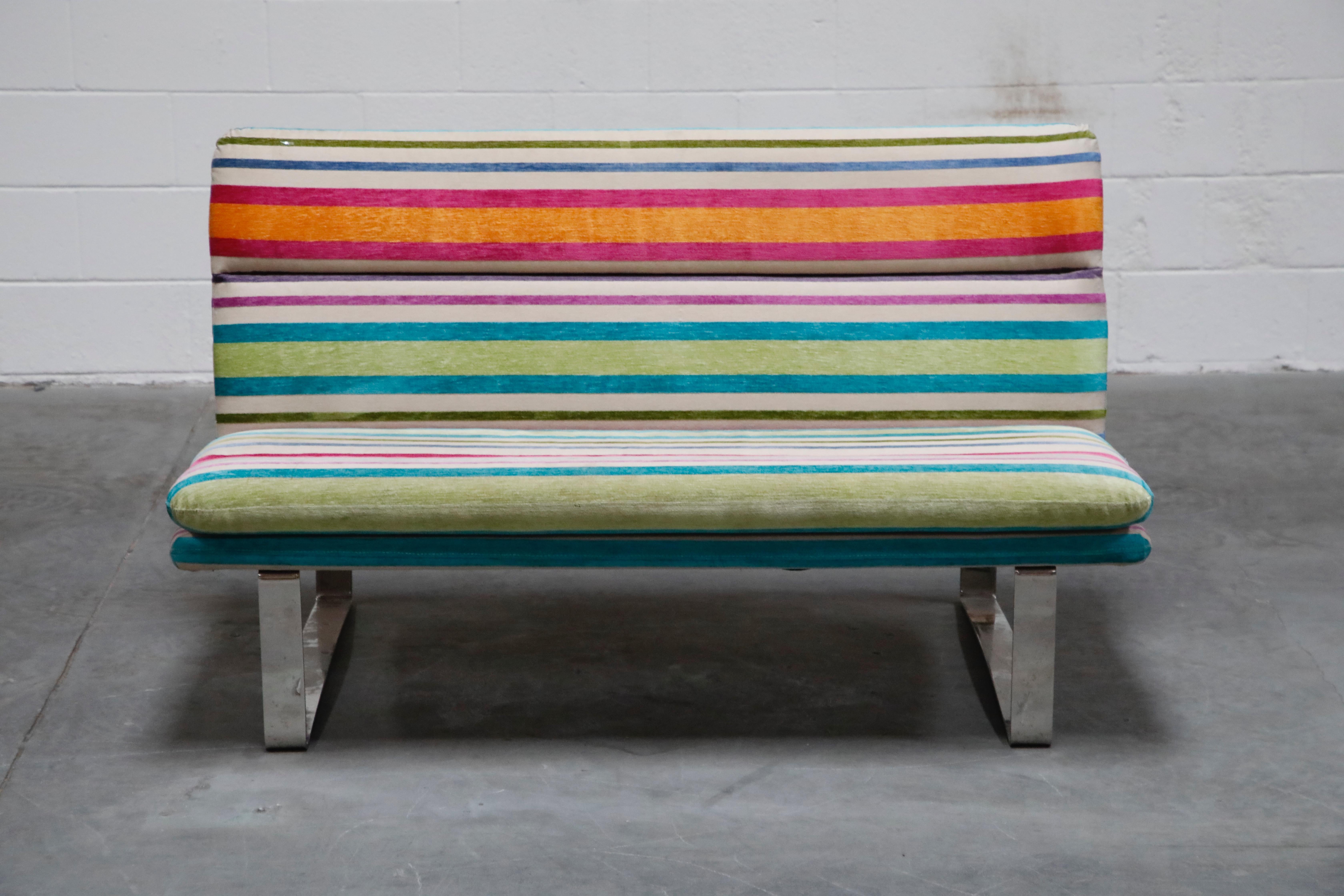 These incredibly stylish and soft striped chenille fabric sofas are comfortable and well-made. Hefty chrome frame and comfortable seating makes this an ideal sofa for a stylish interior. We have four (3) available of these settee's in the style of