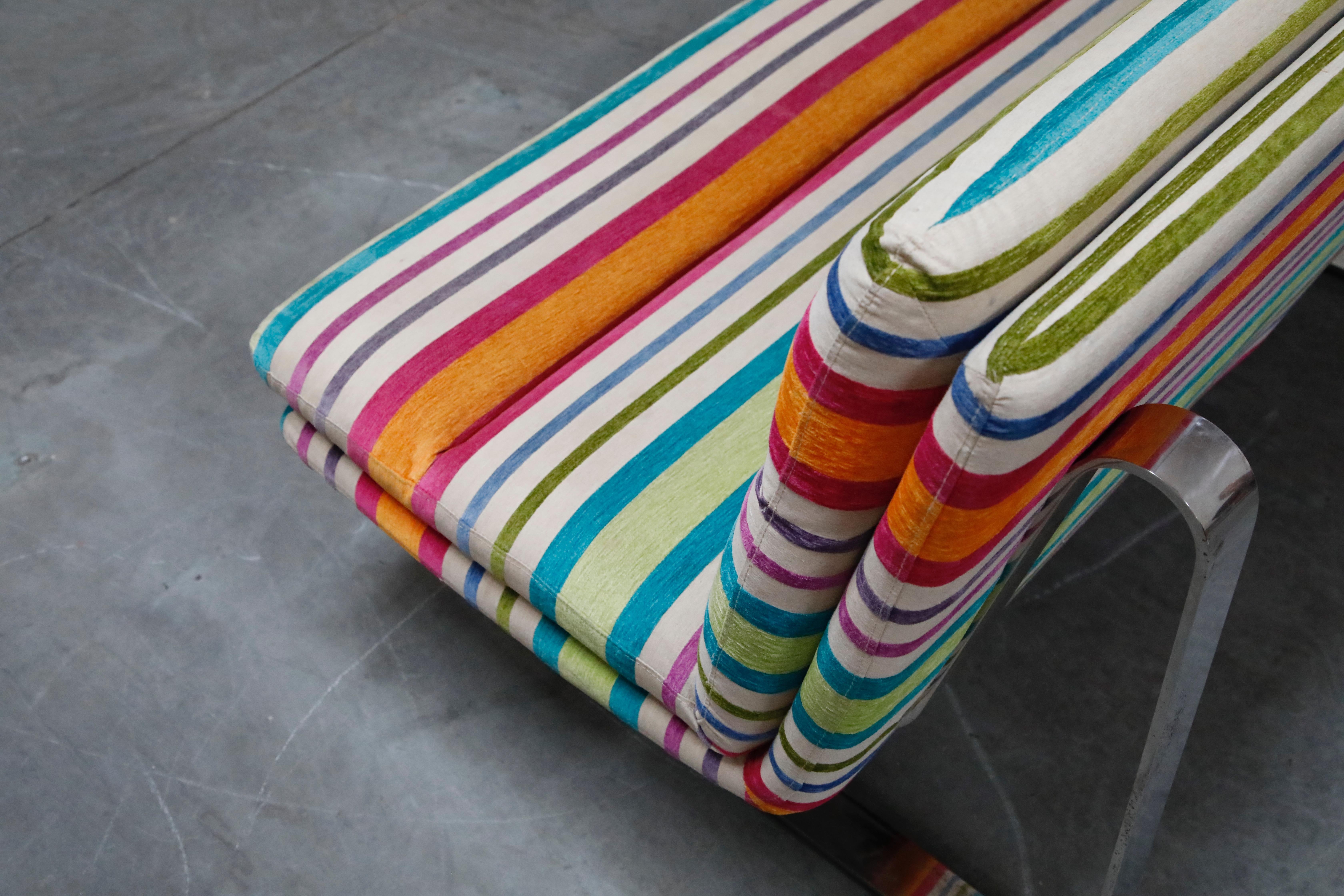 Vintage Striped Chenille and Chrome Loveseat Sofa's, c. 1990s, Three Available 12
