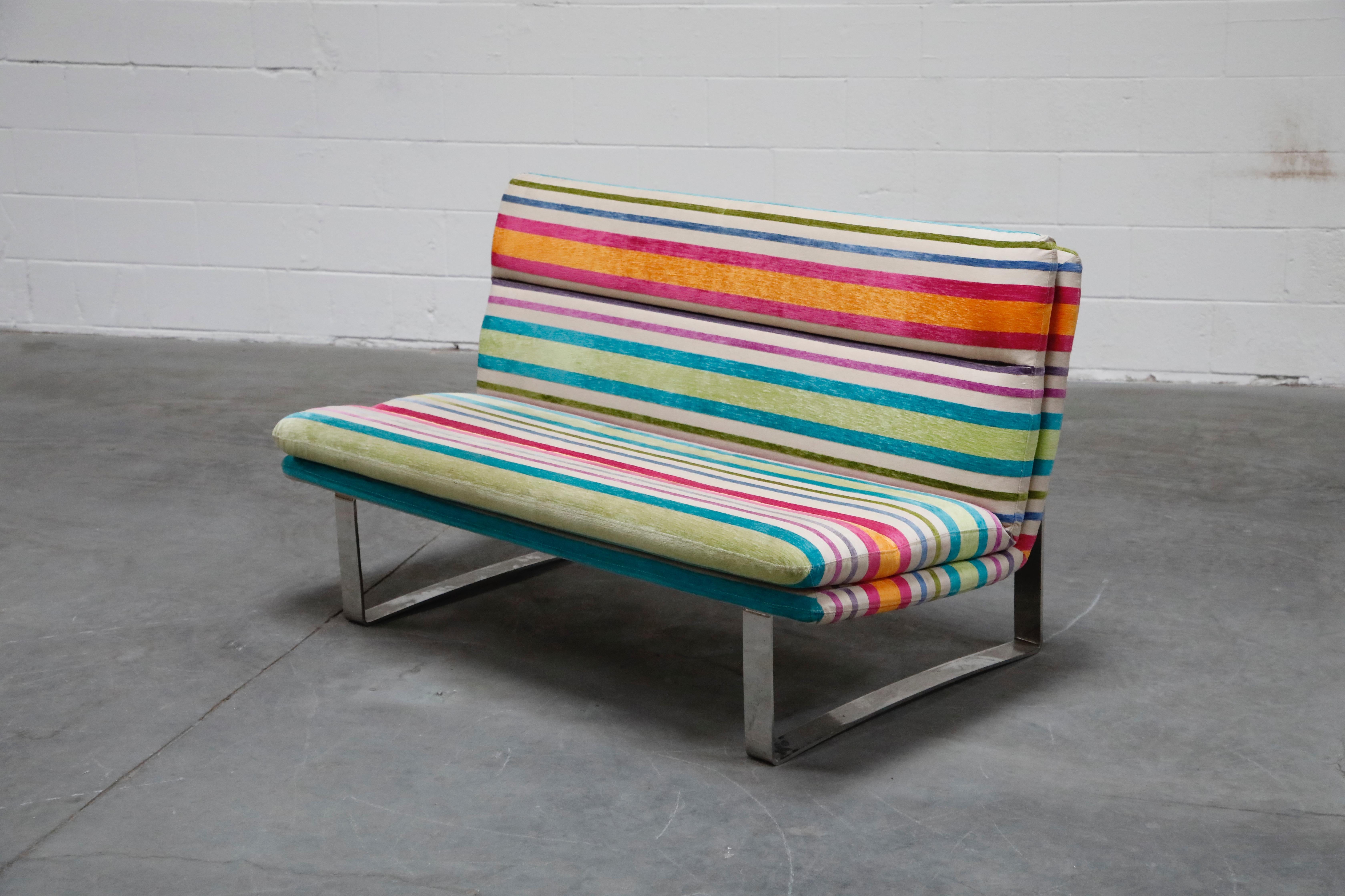 Modern Vintage Striped Chenille and Chrome Loveseat Sofa's, c. 1990s, Three Available