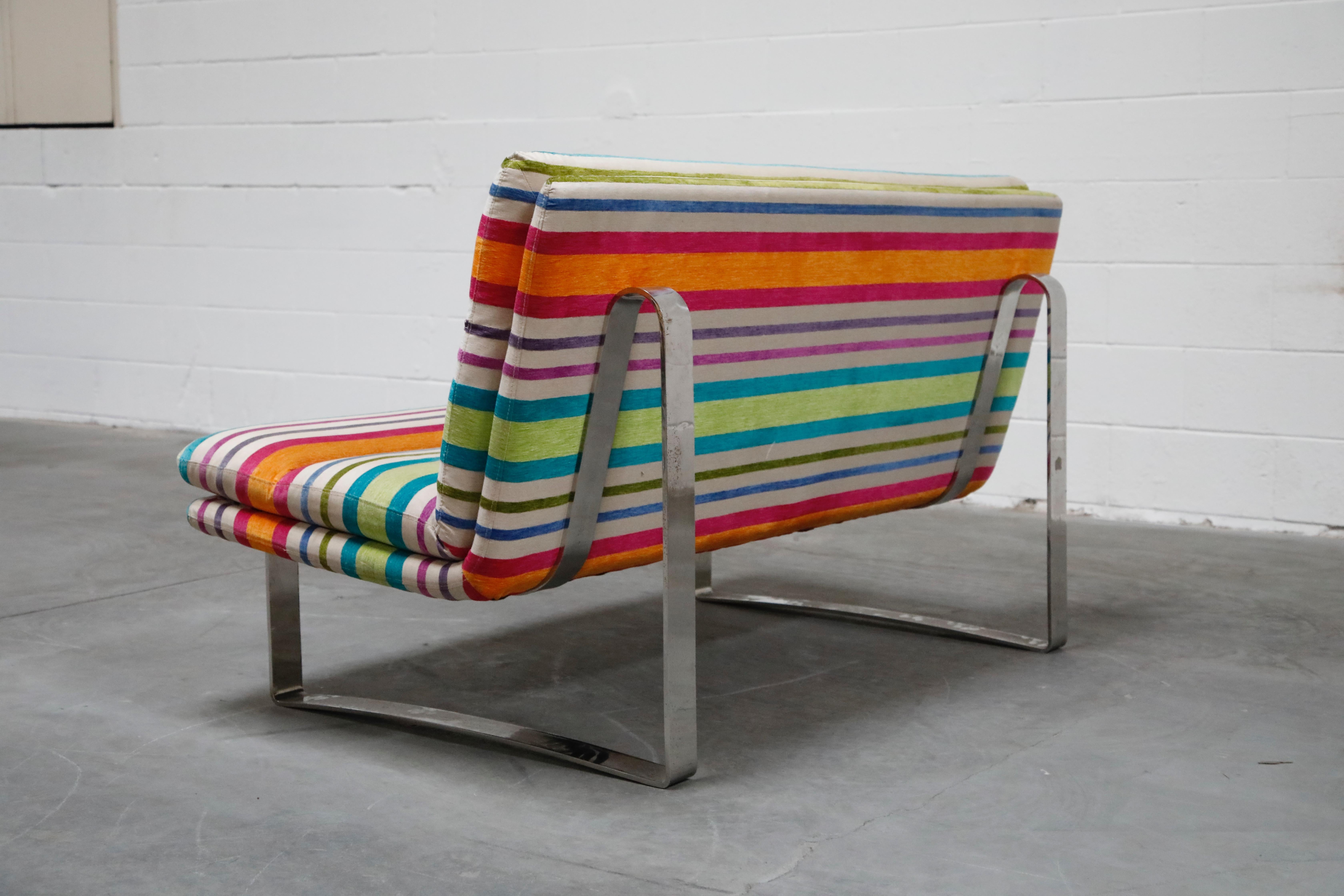 Late 20th Century Vintage Striped Chenille and Chrome Loveseat Sofa's, c. 1990s, Three Available