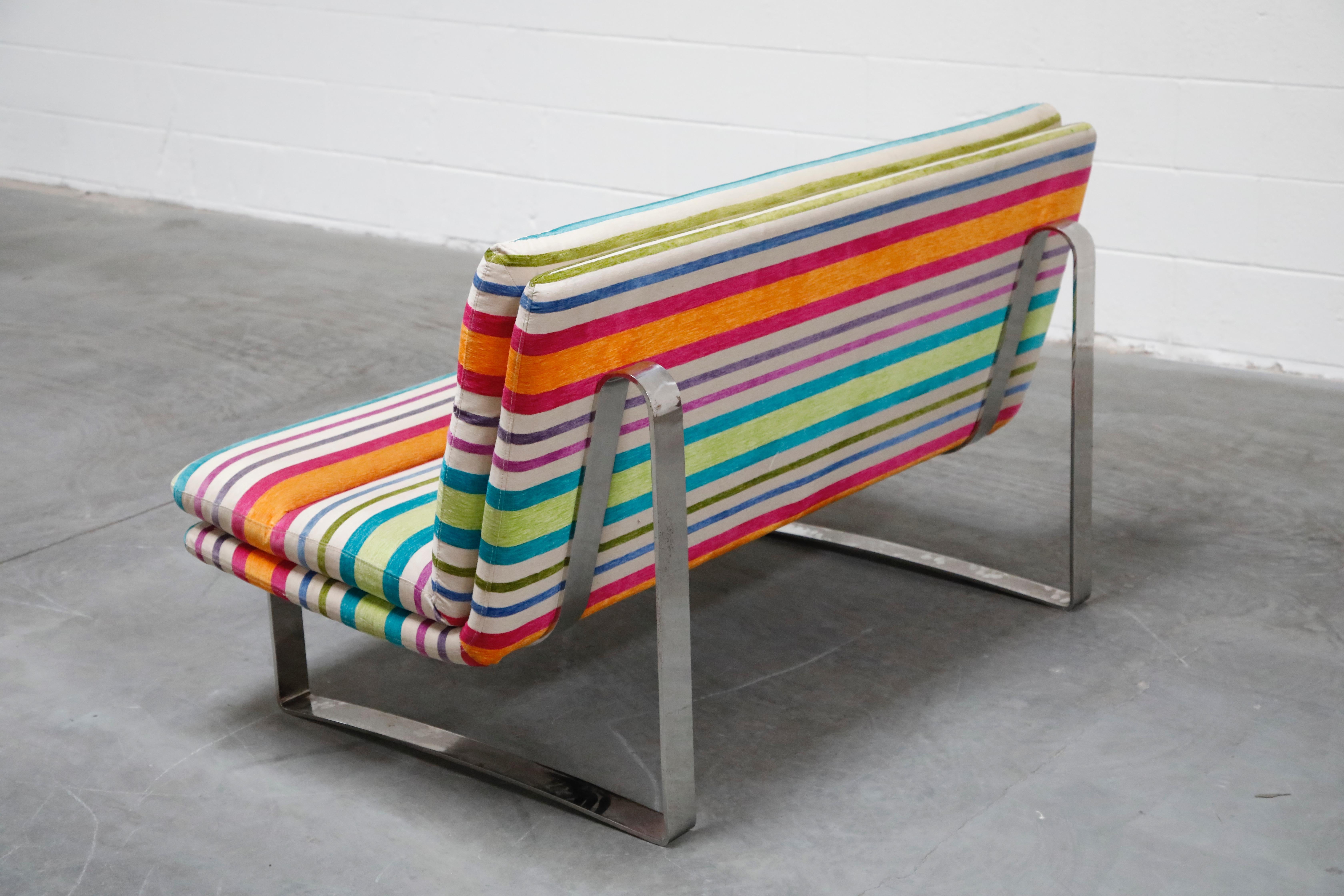 Fabric Vintage Striped Chenille and Chrome Loveseat Sofa's, c. 1990s, Three Available