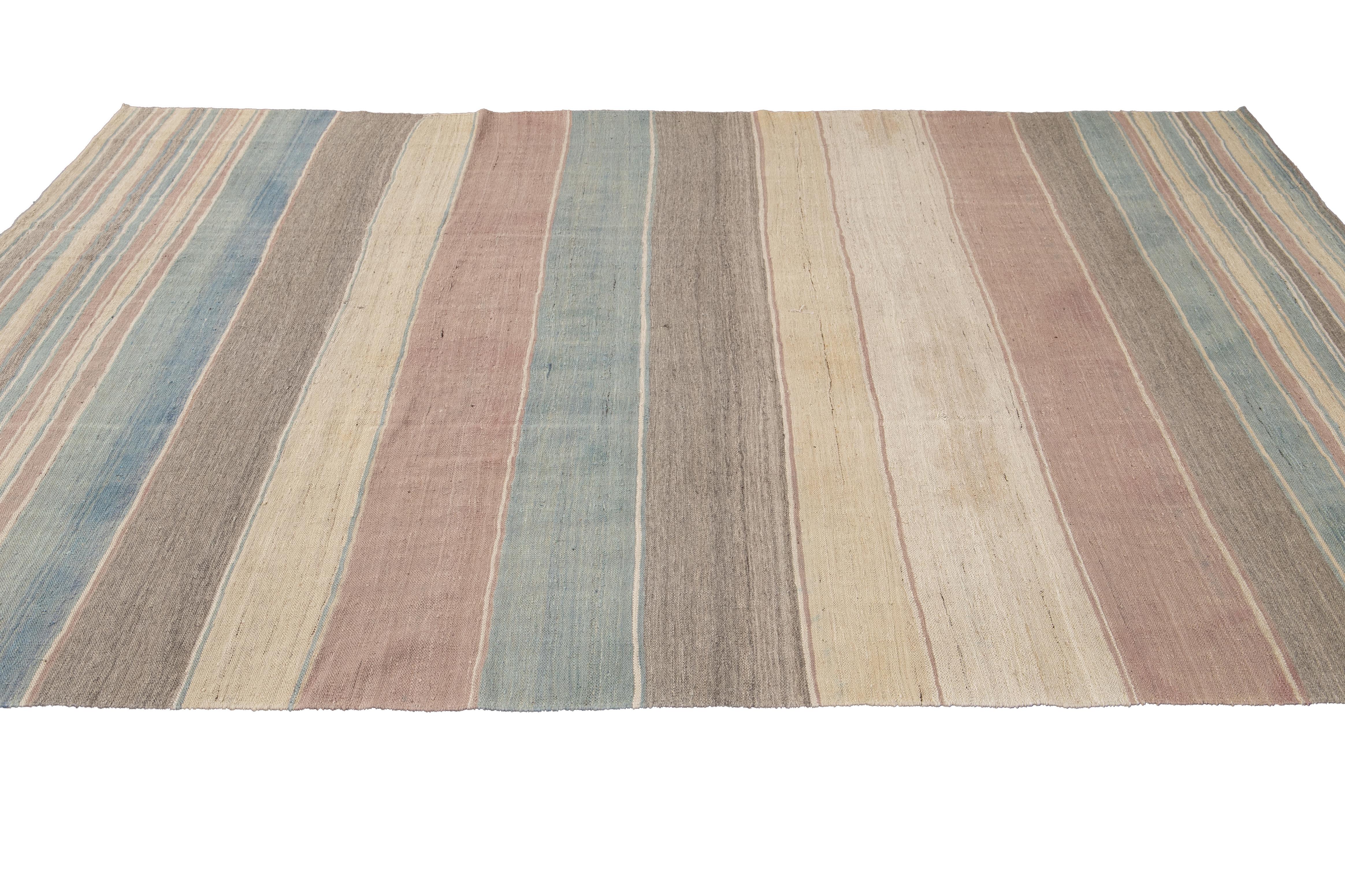 Striped Colorful Modern Flat-Weave Kilim Room Size Wool Rug For Sale 4