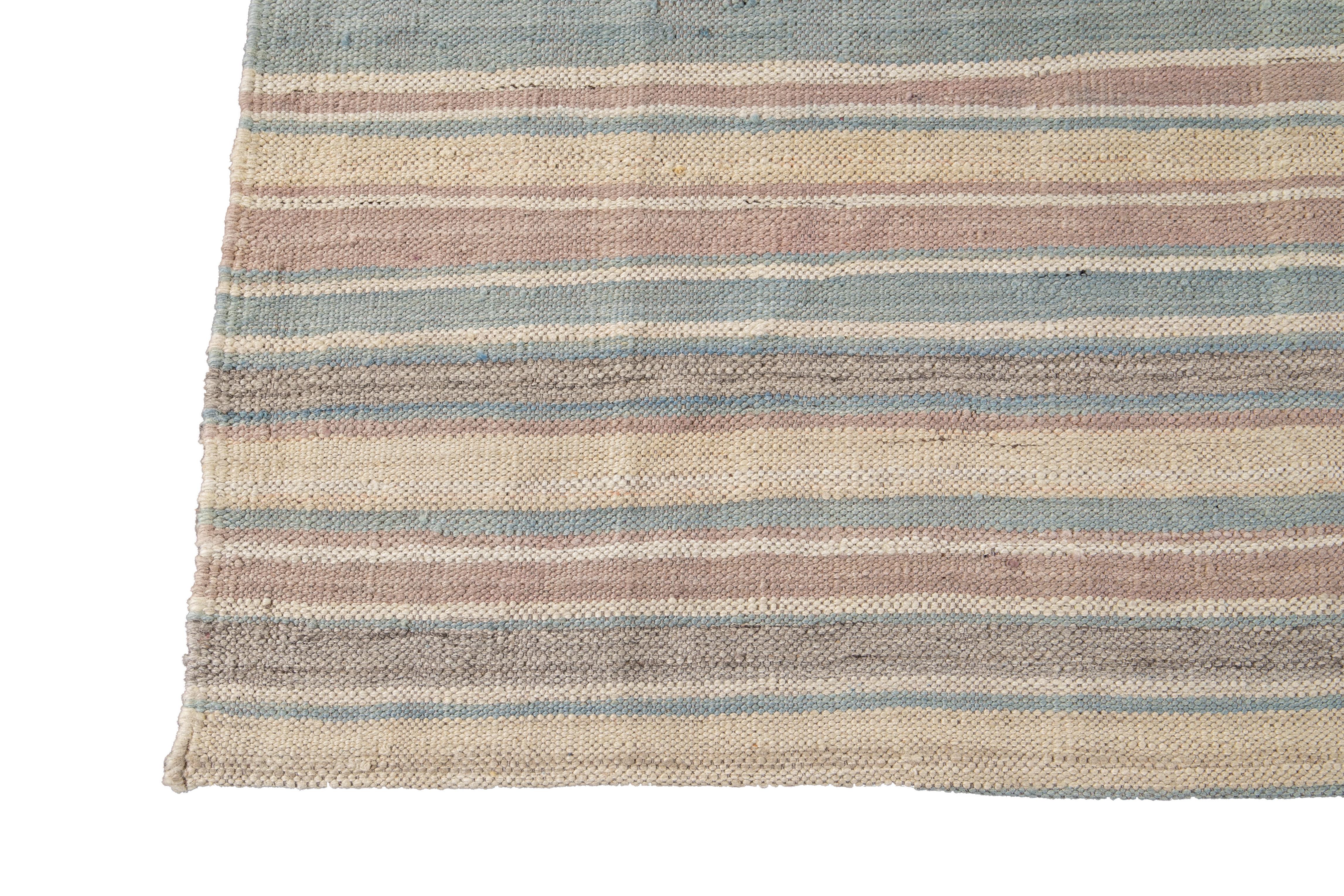 Striped Colorful Modern Flat-Weave Kilim Room Size Wool Rug For Sale 5