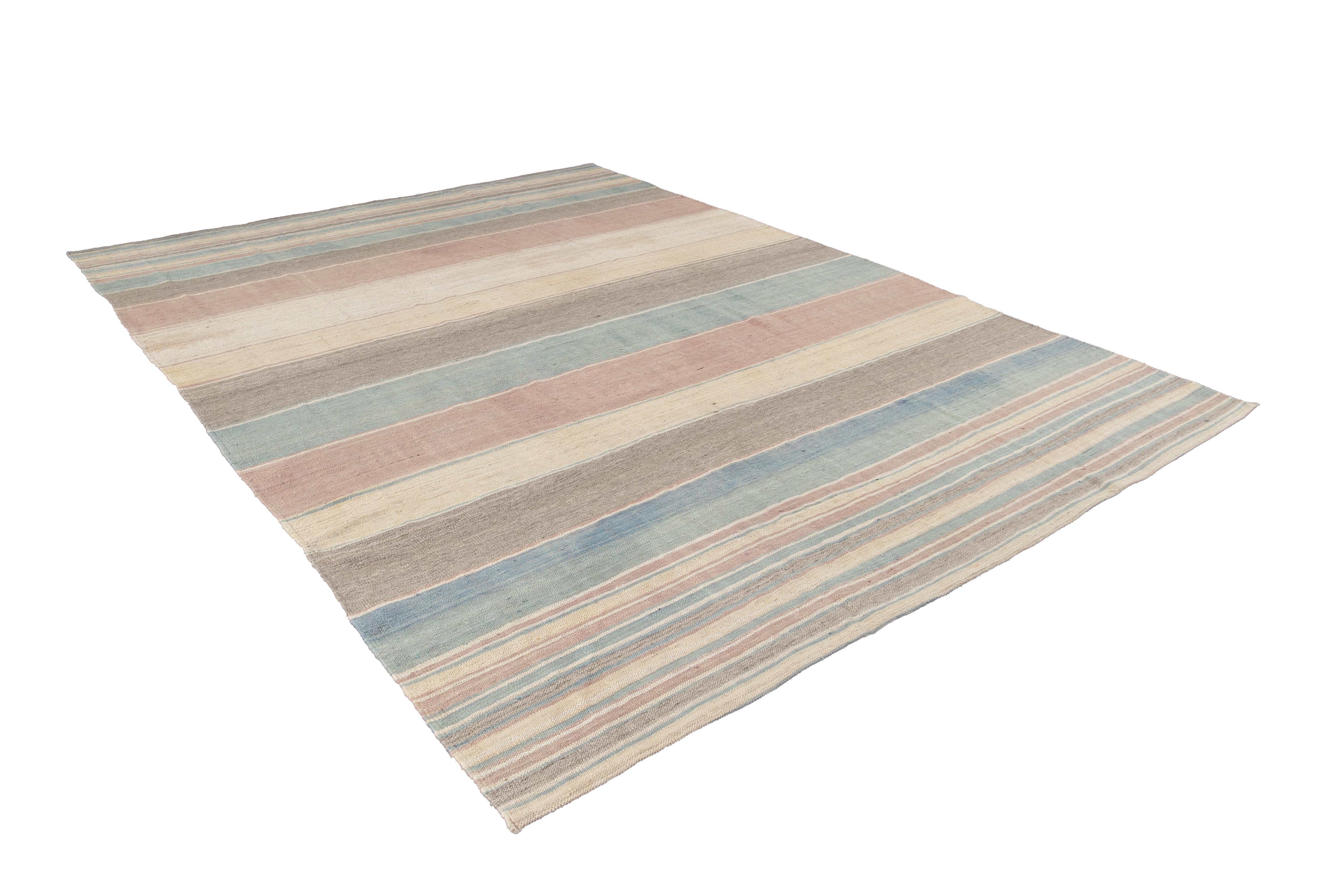 Striped Colorful Modern Flat-Weave Kilim Room Size Wool Rug For Sale 6