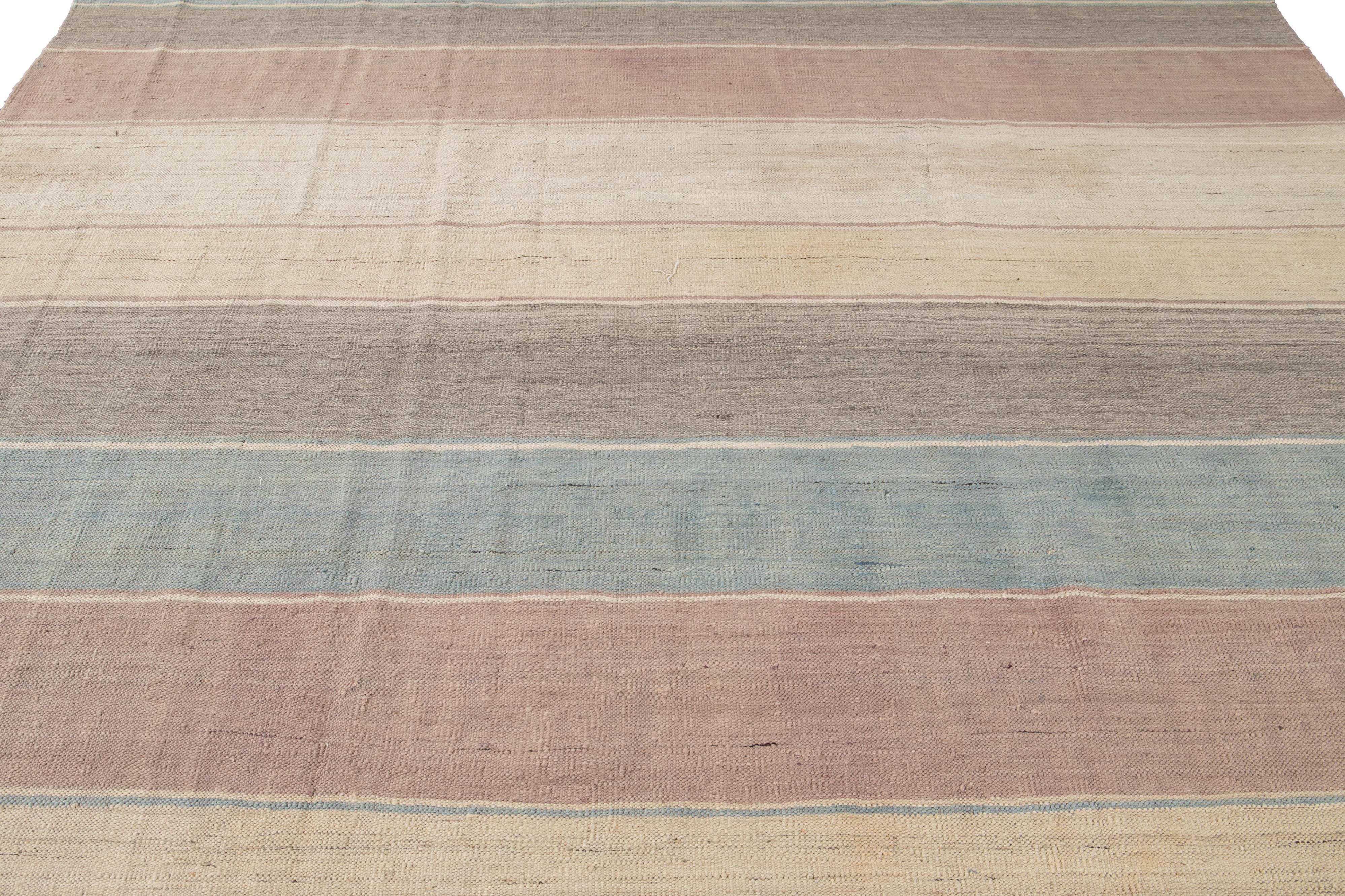 Striped Colorful Modern Flat-Weave Kilim Room Size Wool Rug For Sale 8
