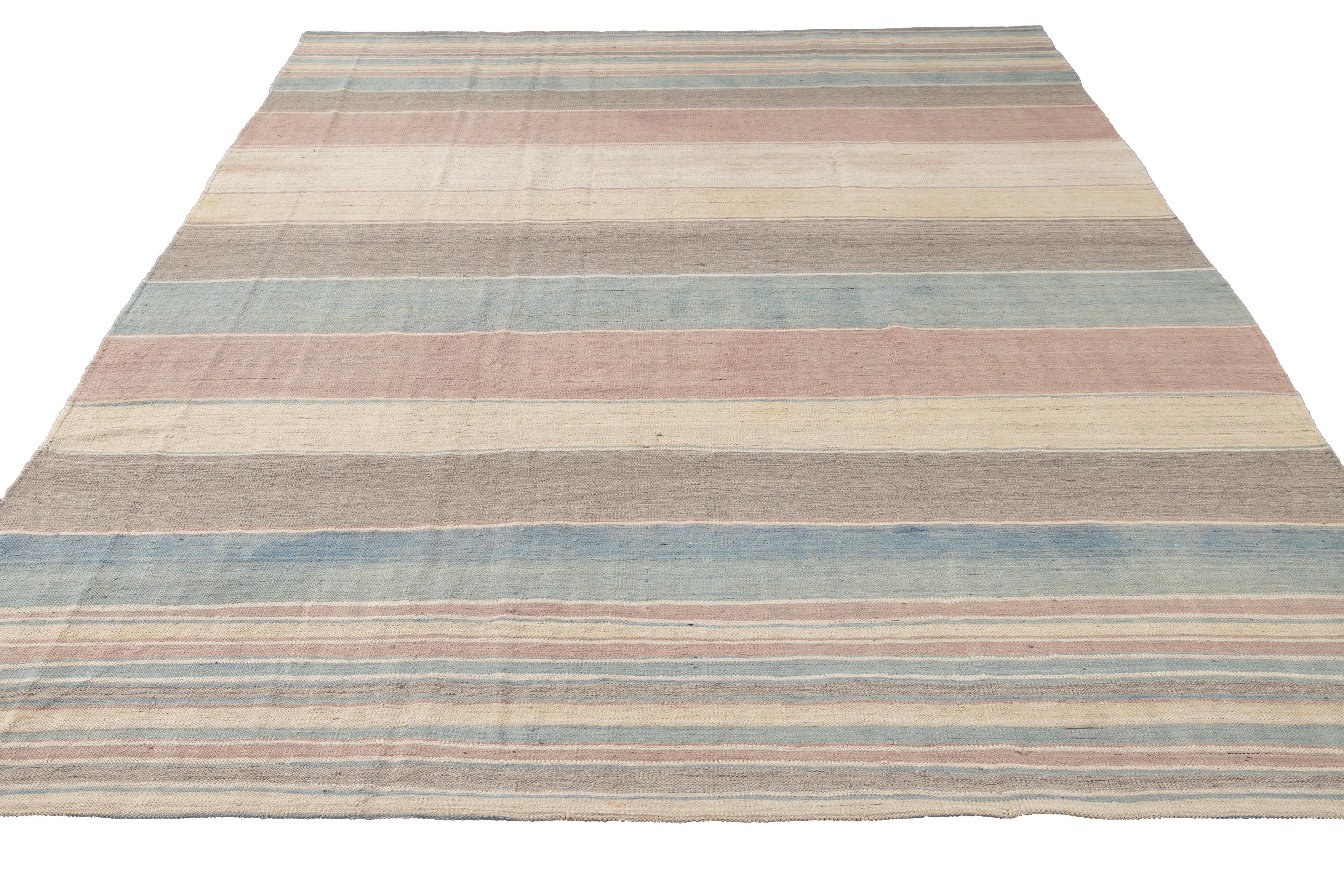 Turkish Striped Colorful Modern Flat-Weave Kilim Room Size Wool Rug For Sale