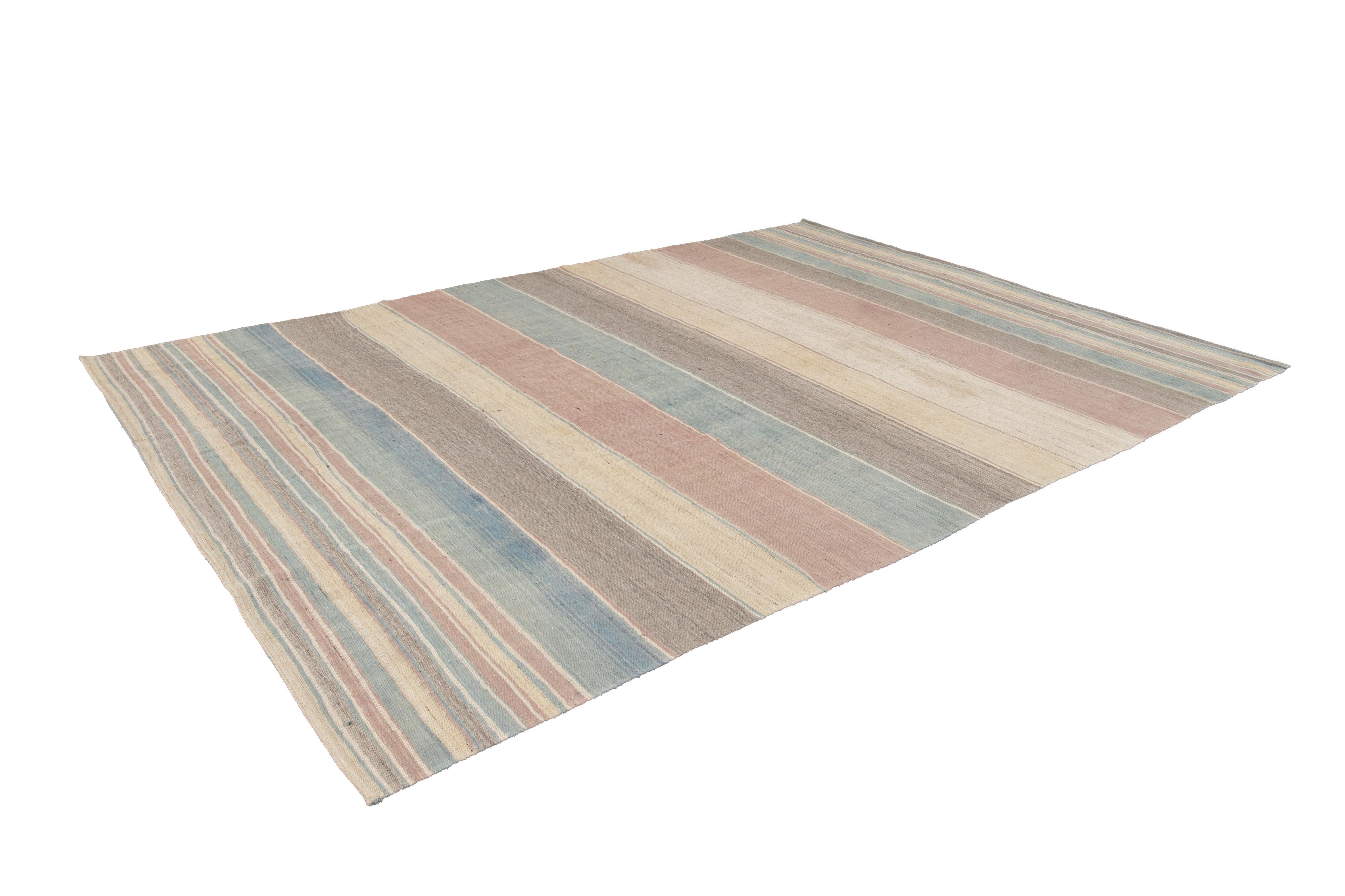 Contemporary Striped Colorful Modern Flat-Weave Kilim Room Size Wool Rug For Sale