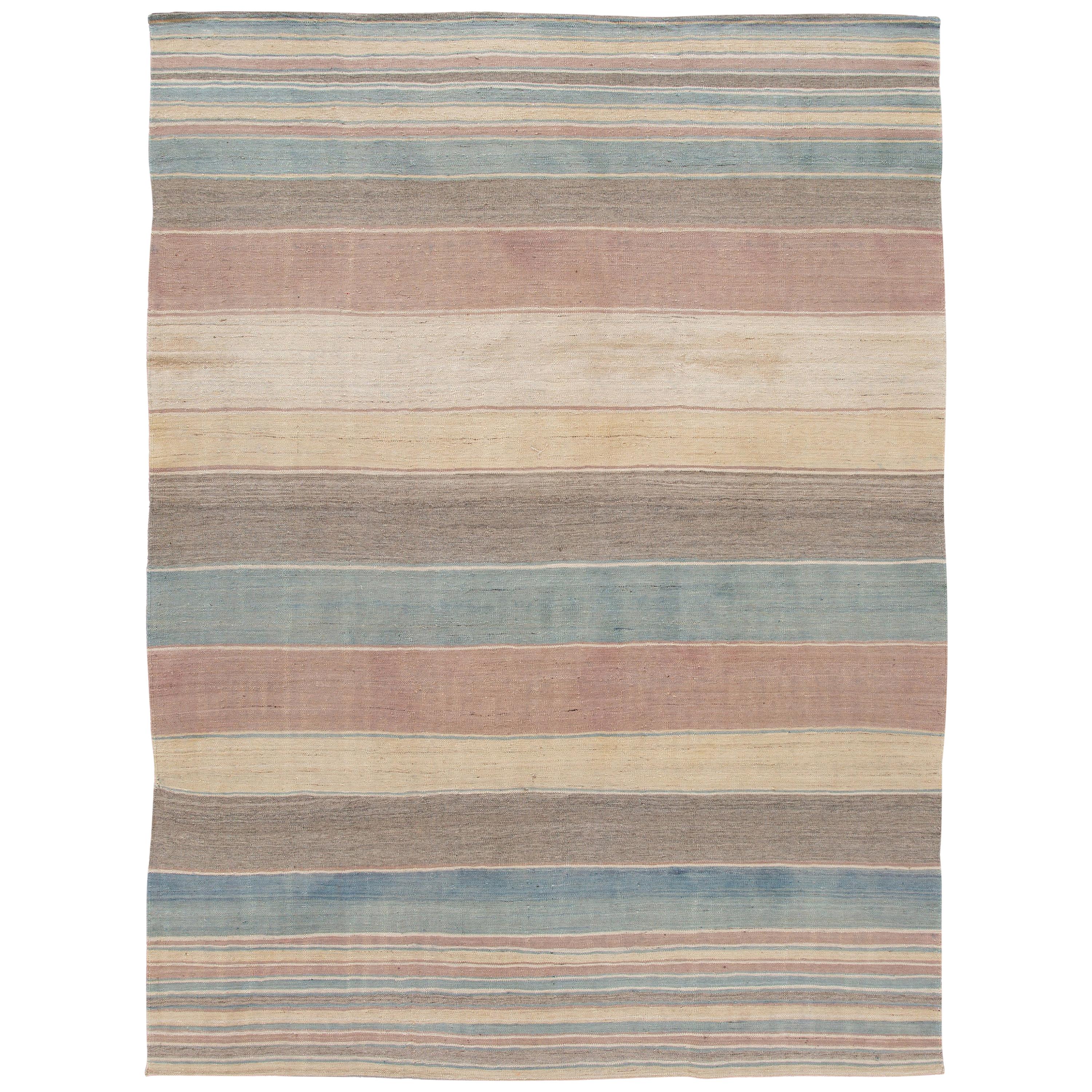 Striped Colorful Modern Flat-Weave Kilim Room Size Wool Rug For Sale