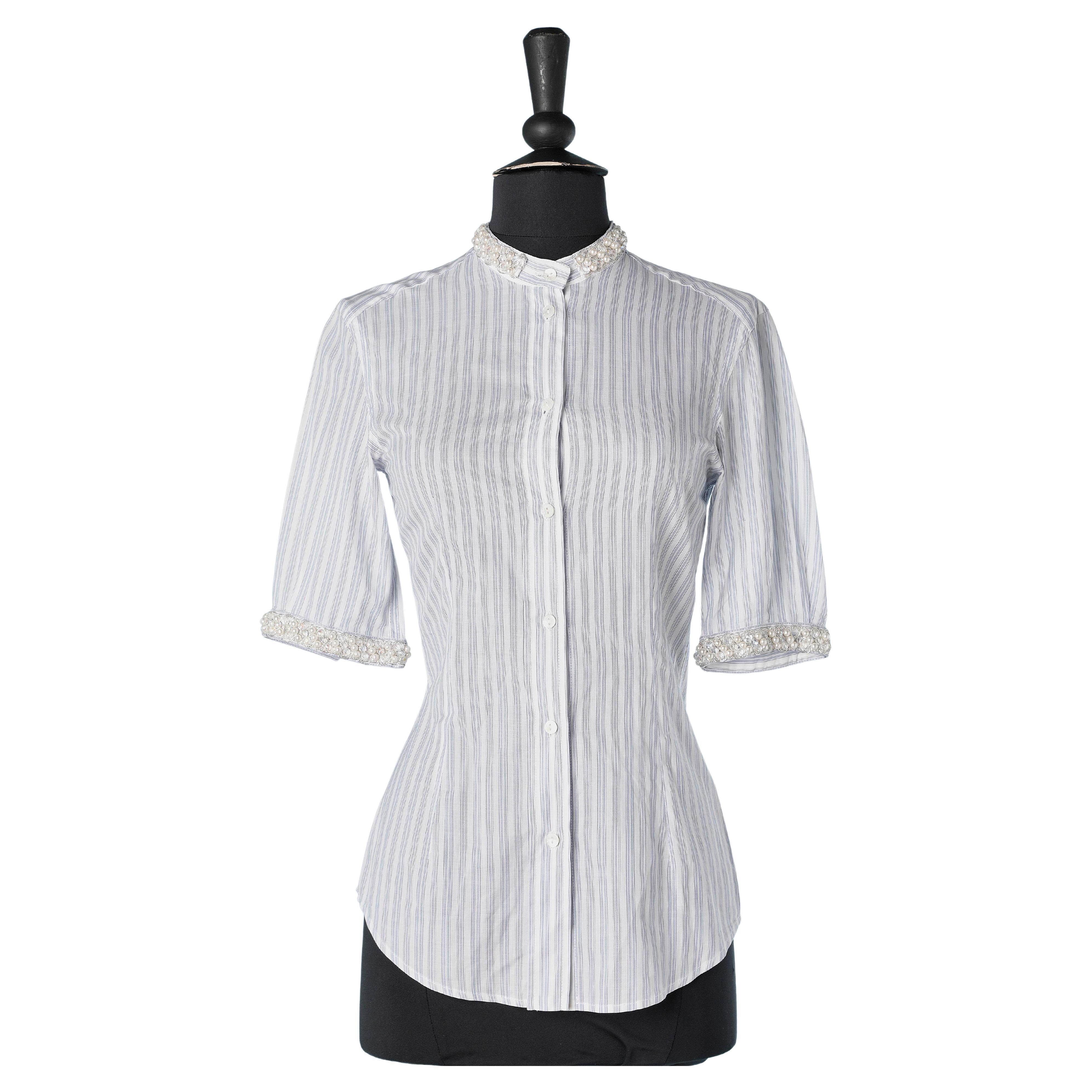 Striped cotton shirt with pearls and beads embroideries Dolce & Gabbana