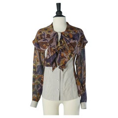 Gestreiftes Baumwollhemd mit bedrucktem, drapiertem Seidenchiffon KENZO