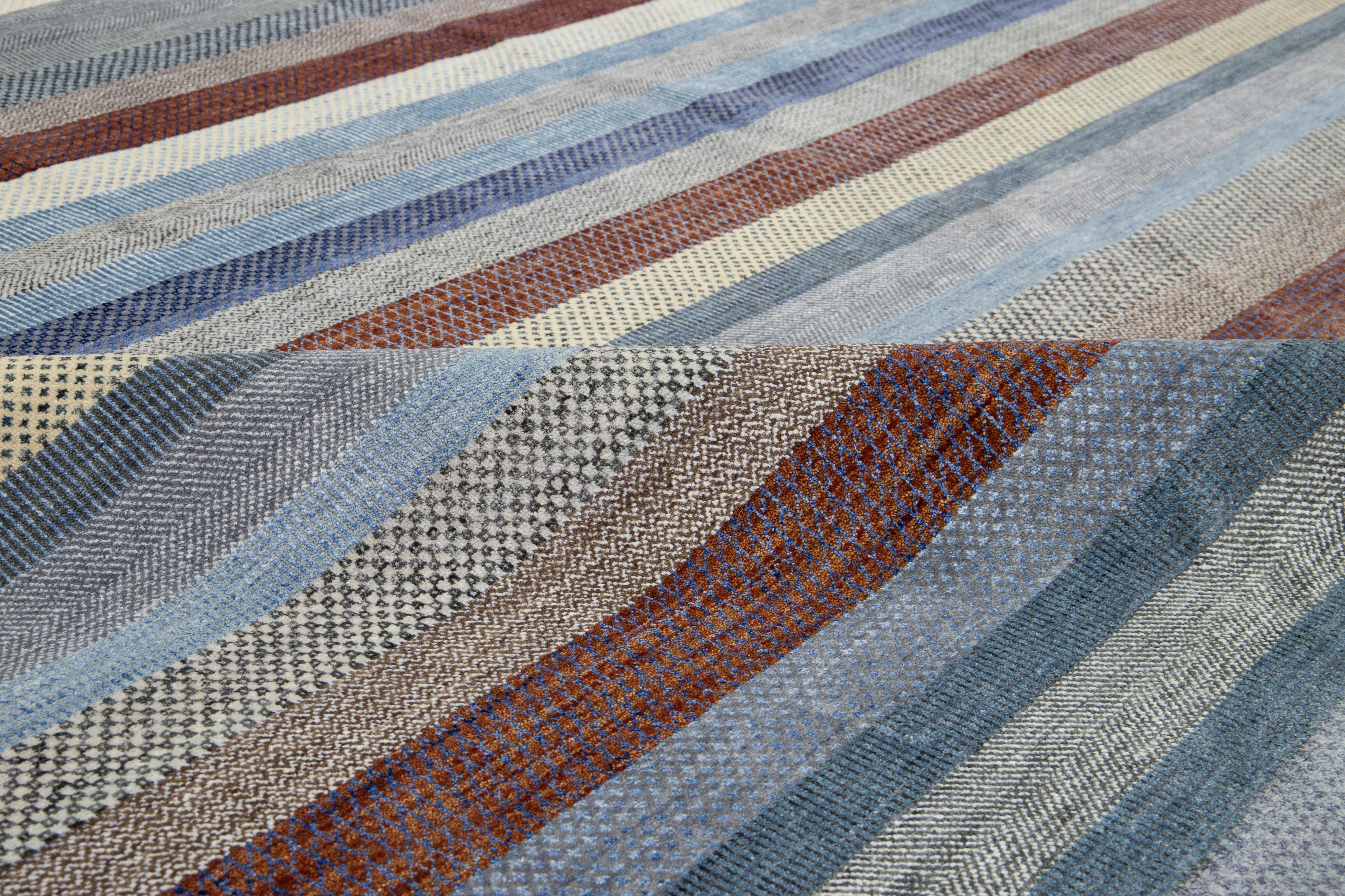 Striped Designed Modern Savannah Handmade Wool Rug In Gray For Sale 4