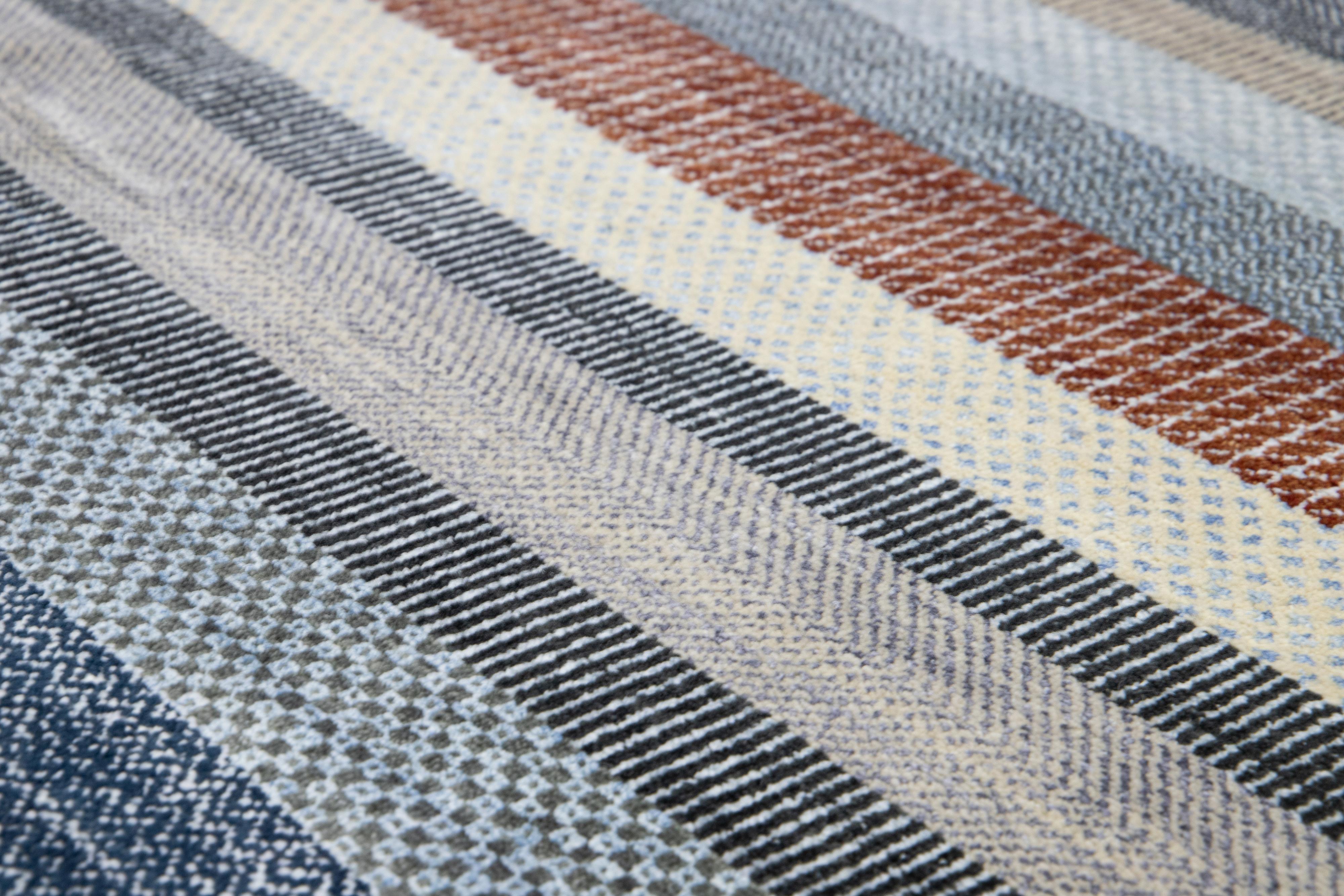 Striped Designed Modern Savannah Handmade Wool Rug In Gray For Sale 6