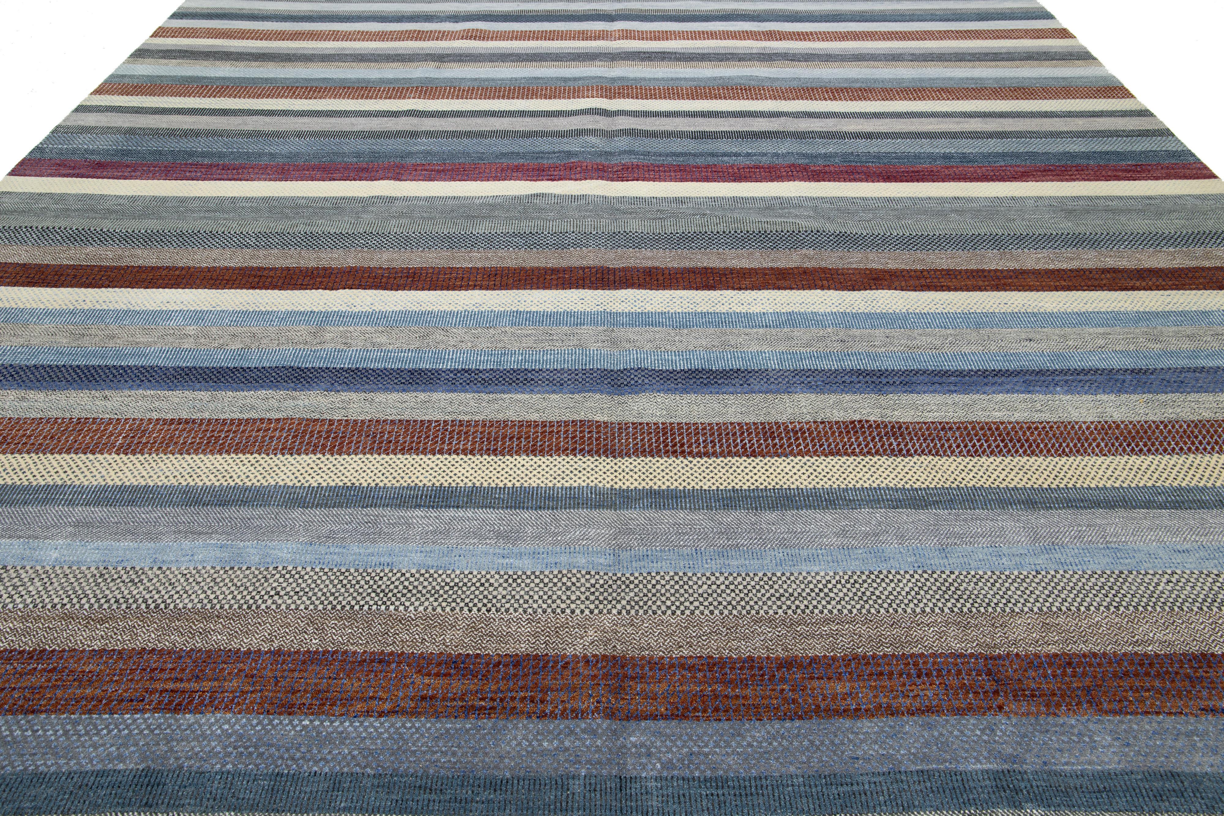 Striped Designed Modern Savannah Handmade Wool Rug In Gray For Sale 2
