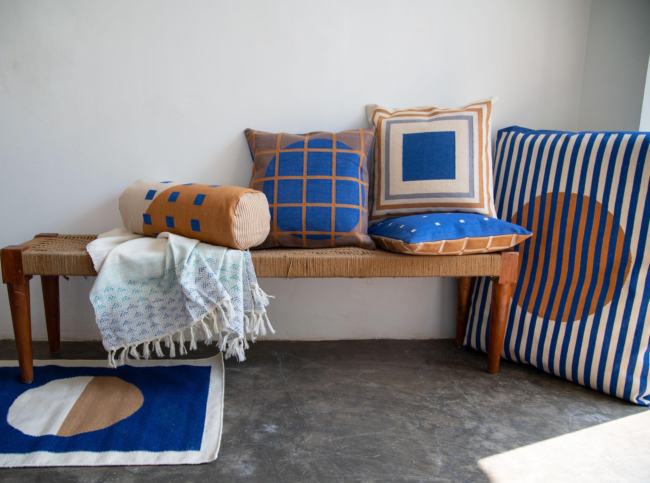 blue and white striped dog bed