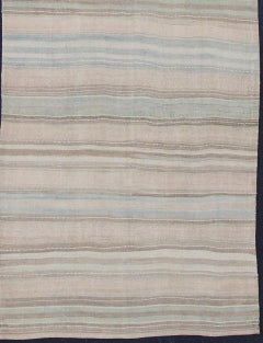 Vintage Turkish Gallery Kilim Runner with Stripes in Soft Taupe, Soft Blue