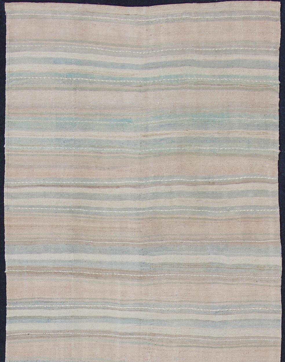 Striped Flat-Weave Vintage Turkish Kilim Wide Runner with Light Colors In Good Condition For Sale In Atlanta, GA