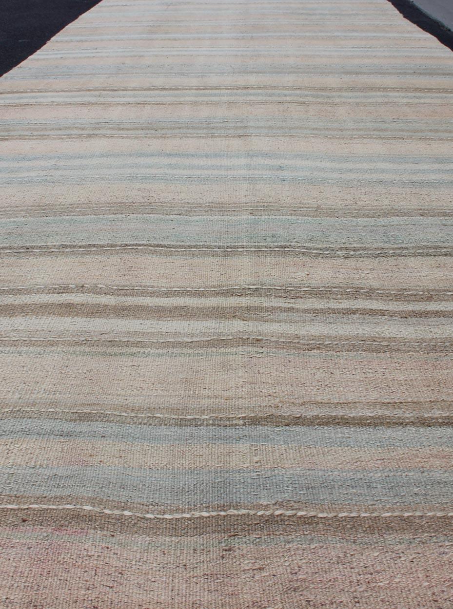 Mid-20th Century Striped Flat-Weave Vintage Turkish Kilim Wide Runner with Light Colors For Sale
