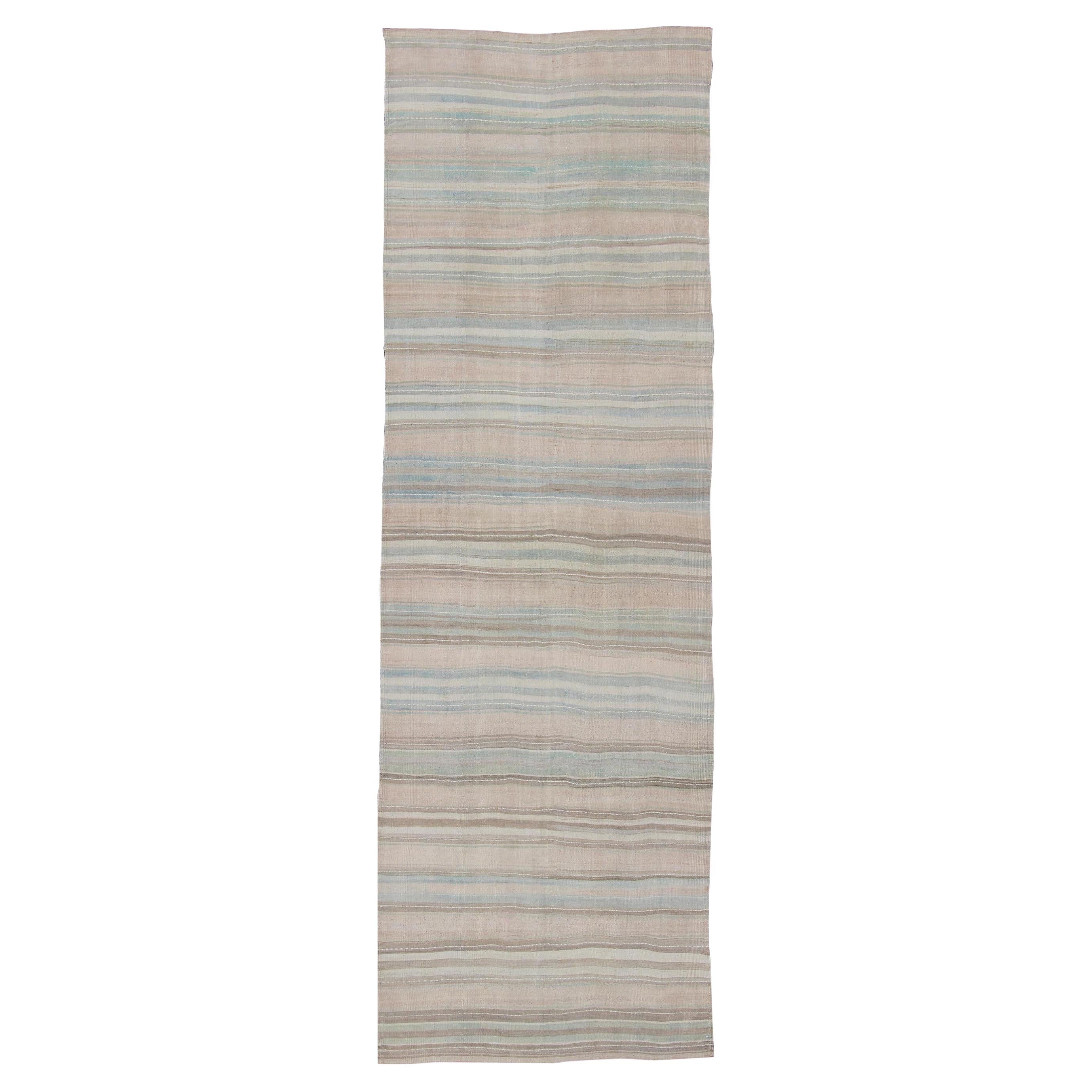 Striped Flat-Weave Vintage Turkish Kilim Wide Runner with Light Colors